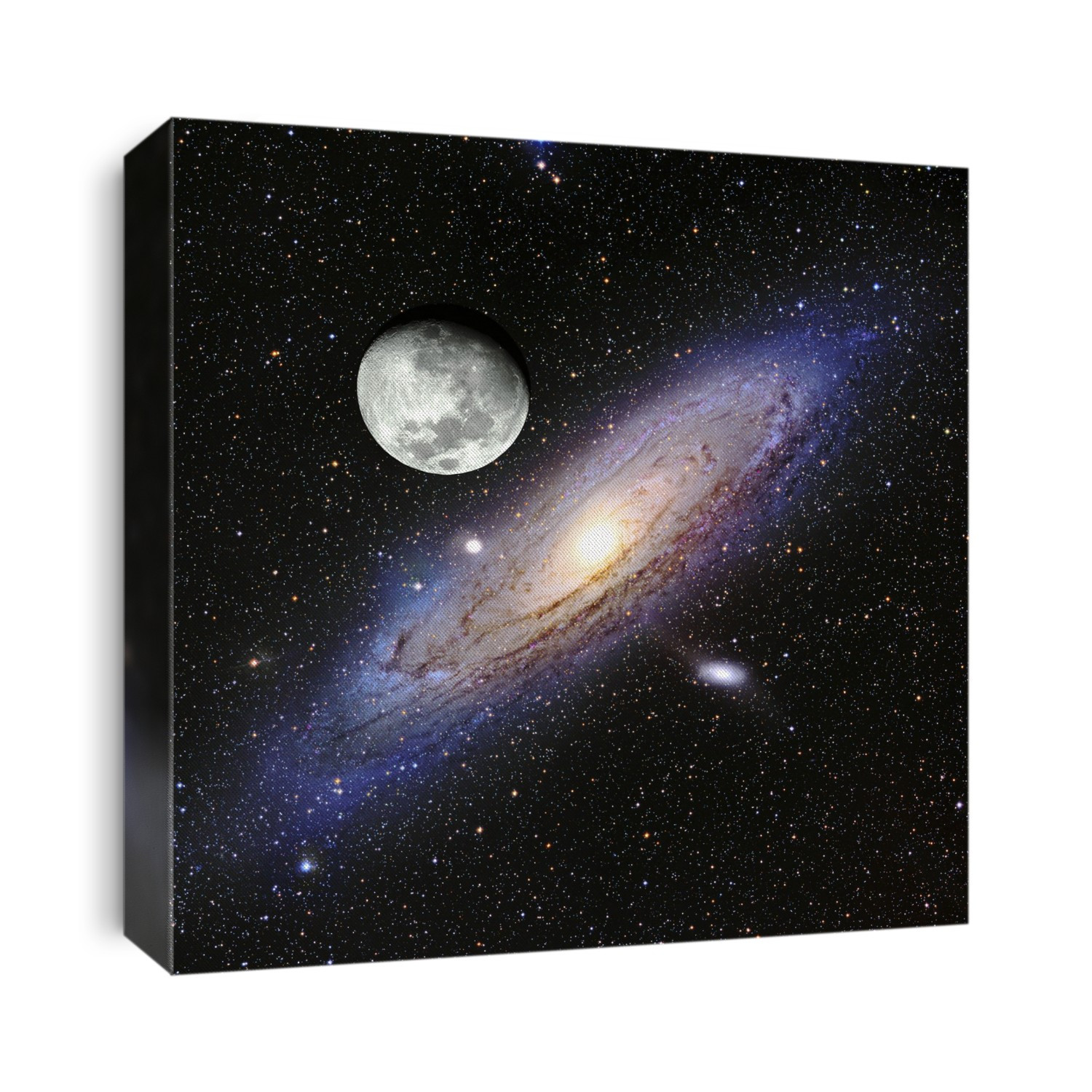 Andromeda Galaxy and moon. Composite optical image of the Andromeda Galaxy with the Moon (upper left). Andromeda is the nearest large galaxy to the Milky Way. It measures around 140,000 light years across and is located 2.5 million light years away in the constellation of the same name.