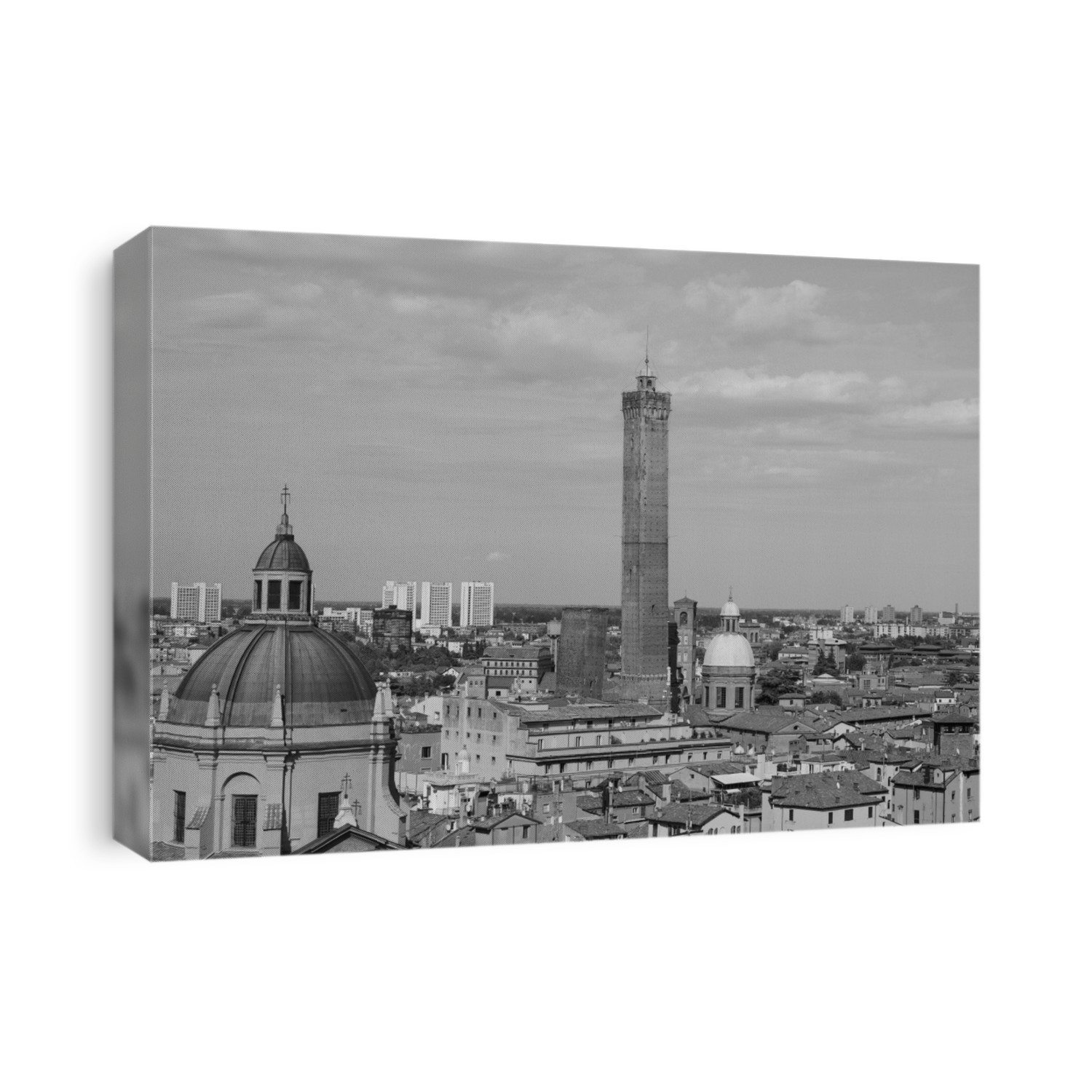 Aerial view of the city of Bologna, Italy in black and white