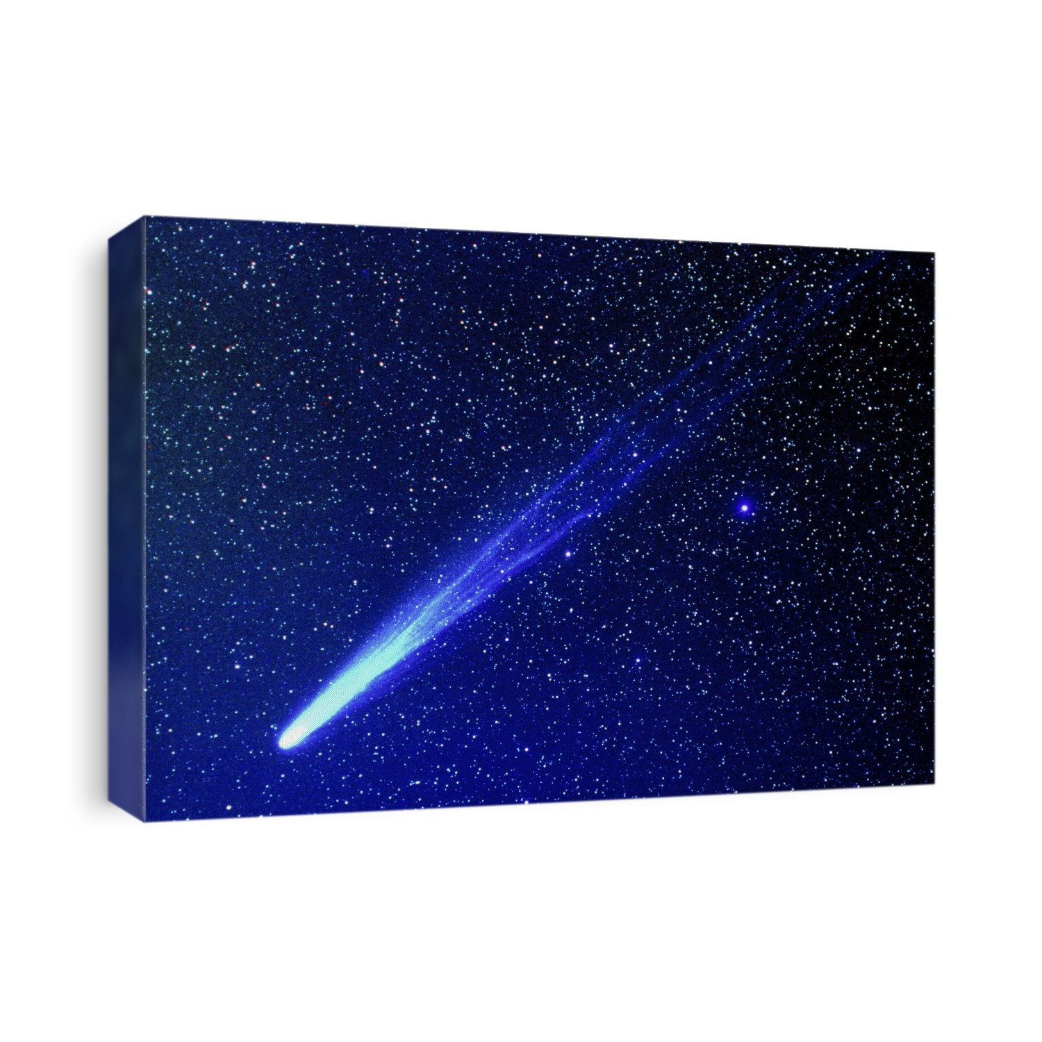 Comet Hyakutake. Optical image showing the head or coma (bottom left) and the tail of Comet Hyakutake, one of the brightest comets to appear in the sky. Comets are bodies, mostly formed by water ice, which orbit the Sun with usually highly elongated orbits. When a comet approaches the Sun the water ice vaporises forming the coma, a cloud of gas and dust which can be up to 15 times the diameter of the Earth, and the tail. Comets have two types of tails: a gas tail (blue) which shows long filaments of excited gases, and a dust tail (not clearly seen here) in which dust particles reflect sunlight. The bright star at centre right is Algol (Beta Persei). North is at centre right.