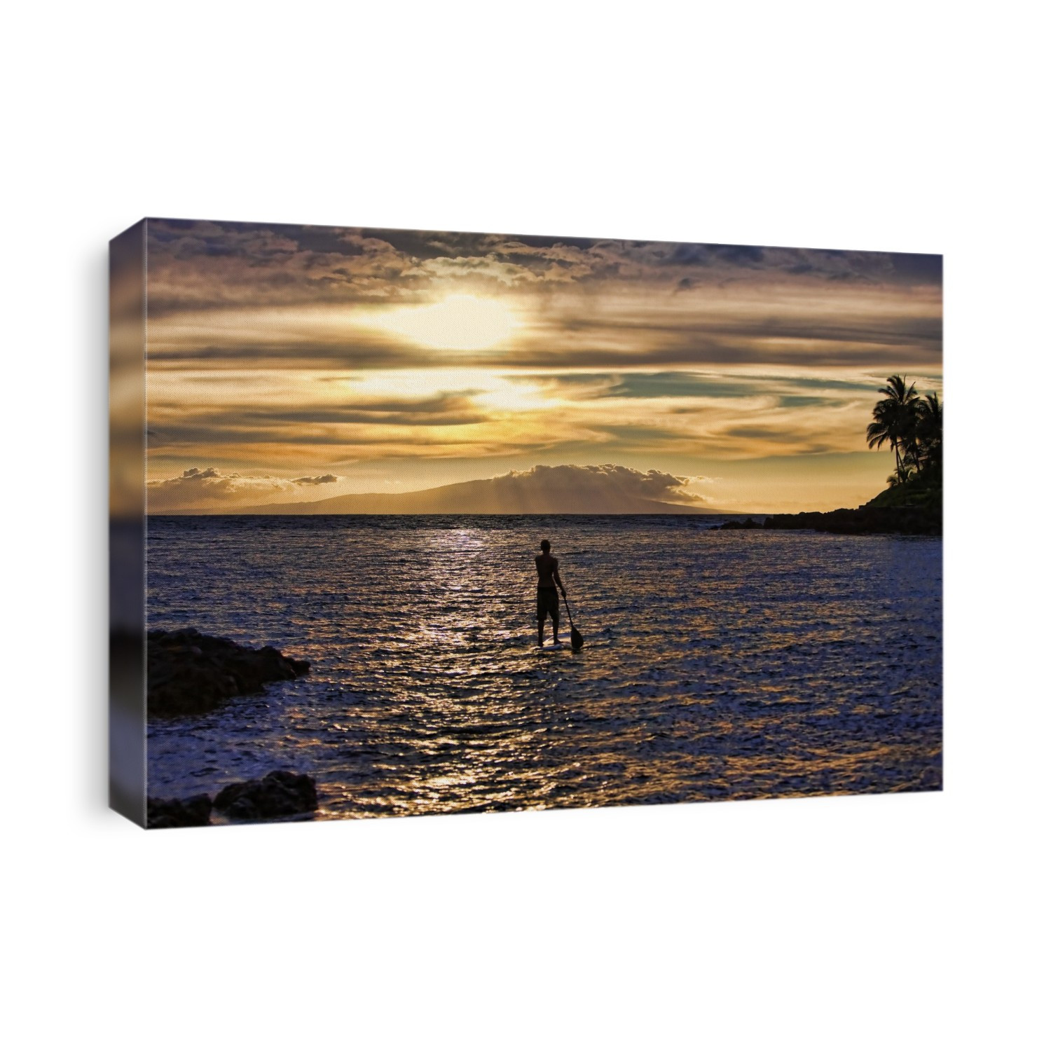 View taken from behind of a stand-up paddle boarder at sunset off Palau'ea Beach also known as White Rock Beach; Makena, Wailea, Maui, Hawaii, United States of America