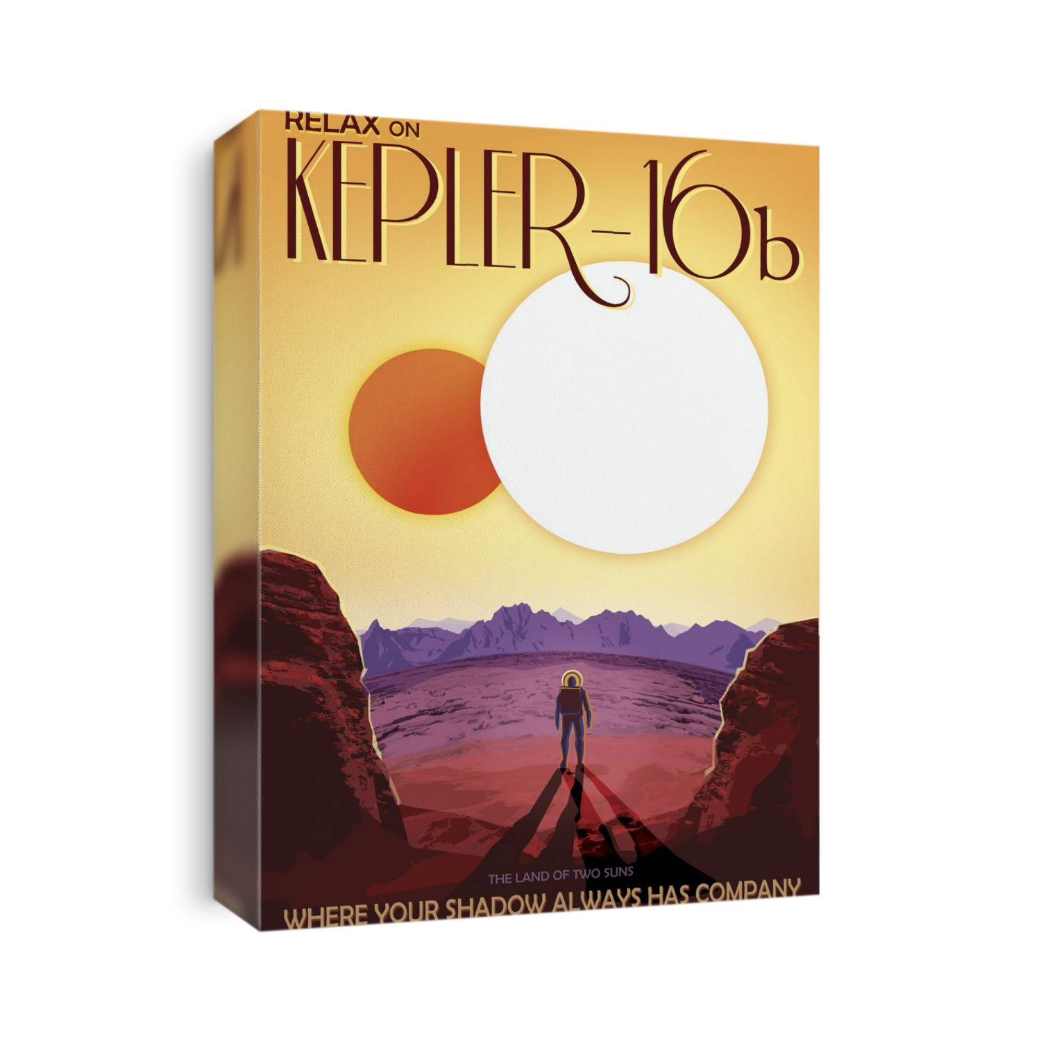 Space tourism. Futuristic space tourism poster advertising the delights of Kepler-16b as a tourist destination. A visitor stands on the surface of the planet, casting two shadows as he surveys the twin suns. Kepler-16b is an extrasolar planet orbiting the binary star system Kepler-16, which consists of the stars Kepler-16A (white) and Kepler-16B (orange). The Kepler-16 system lies in the constellation of Cygnus, about 200 light years from Earth. Both stars are smaller than the Sun. The primary star, Kepler-16A, is a class K orange dwarf, and Kepler-16B is a class M red dwarf. Kepler-16b is the first confirmed, unambiguous example of a circumbinary planet - a planet orbiting not one, but two stars.