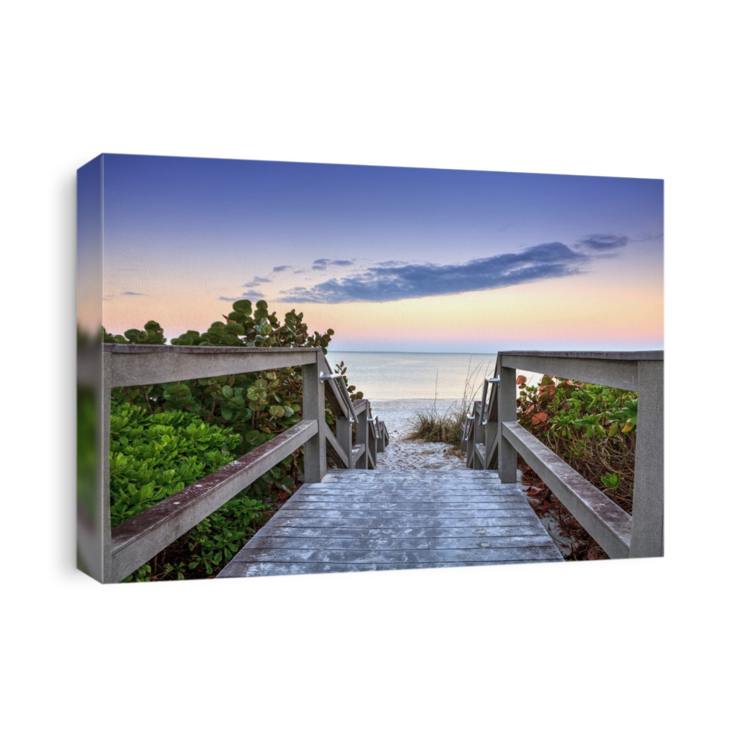 Boardwalk leading down to the white sands along the North Gulf Shore Beach at sunrise in Naples, Florida