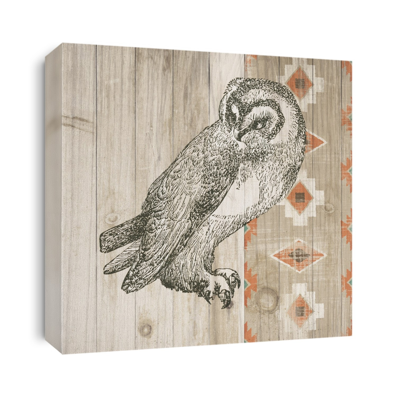 Transform your space with this southwestern-inspired canvas print featuring distinctive wildlife and natural motifs. The design showcases an owl and complementary animals rendered in earthy browns, grays, and blacks against a rustic wood panel backdrop that captures authentic lodge aesthetics. This artwork brings the serene beauty of southwestern nature indoors, creating a warm focal point for cabins, living rooms, or any space seeking rustic charm. Available in four square canvas sizes to perfectly fit your wall space.
