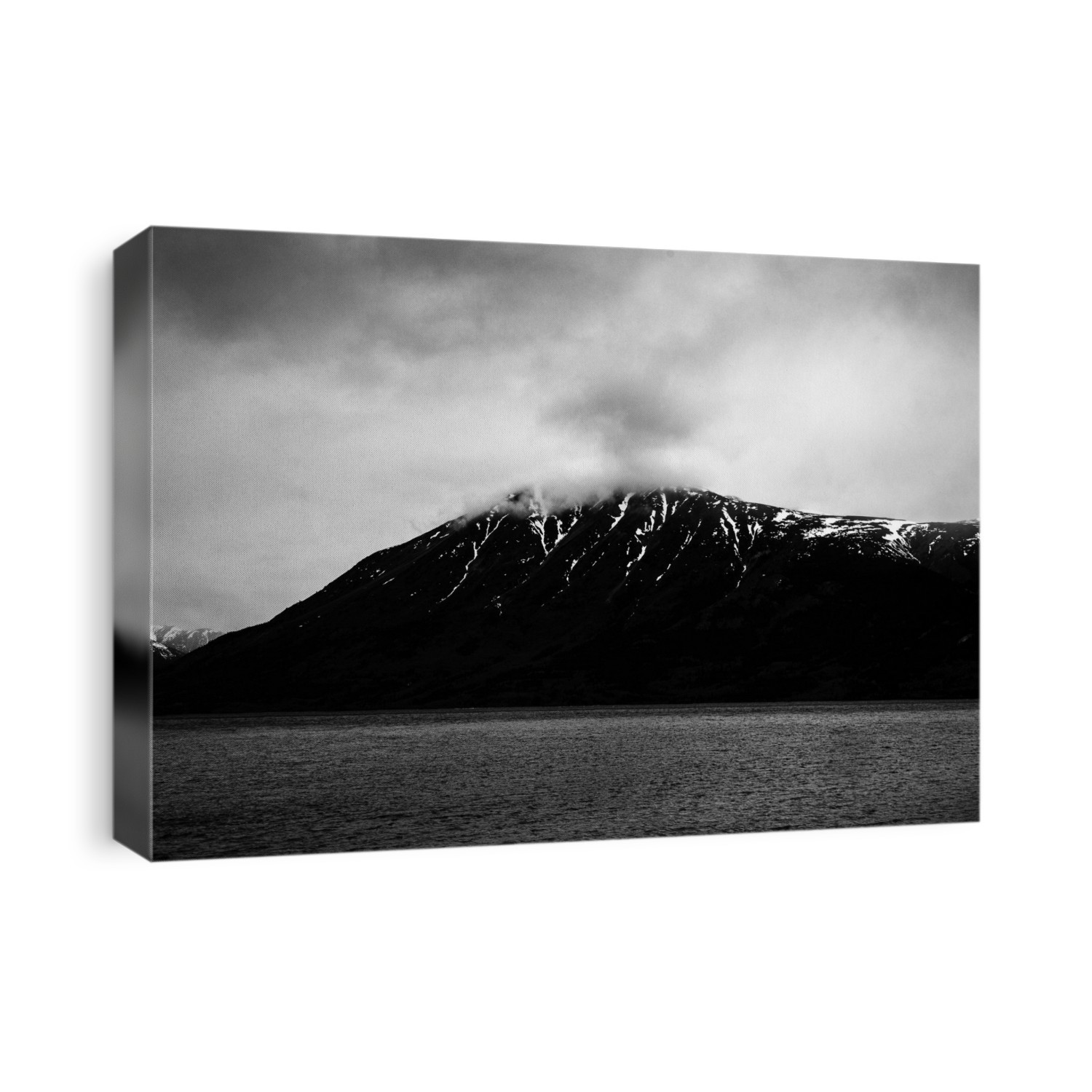 Black and white image of a mountain from across the Nares River