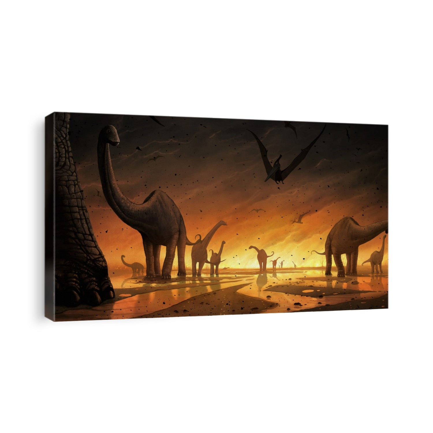 Extinction of the dinosaurs. Illustration of a group of dinosaurs and flying reptiles fleeing a vast fire. This may have been caused by a volcanic eruption or meteorite impact. Such events have occurred before in Earth's history, and will do so again. Both events can trigger a lowering of global temperatures as clouds of dust and ash reduce the amount of sunlight reaching the surface. Plant and then animal life dies off. The mass loss of life that included the extinction of the dinosaurs took place some 65 million years ago at the end of the Cretaceous period. The flying reptiles here are Pteranodons, and the quadraped dinosaur are sauropods called Titanosaurs.