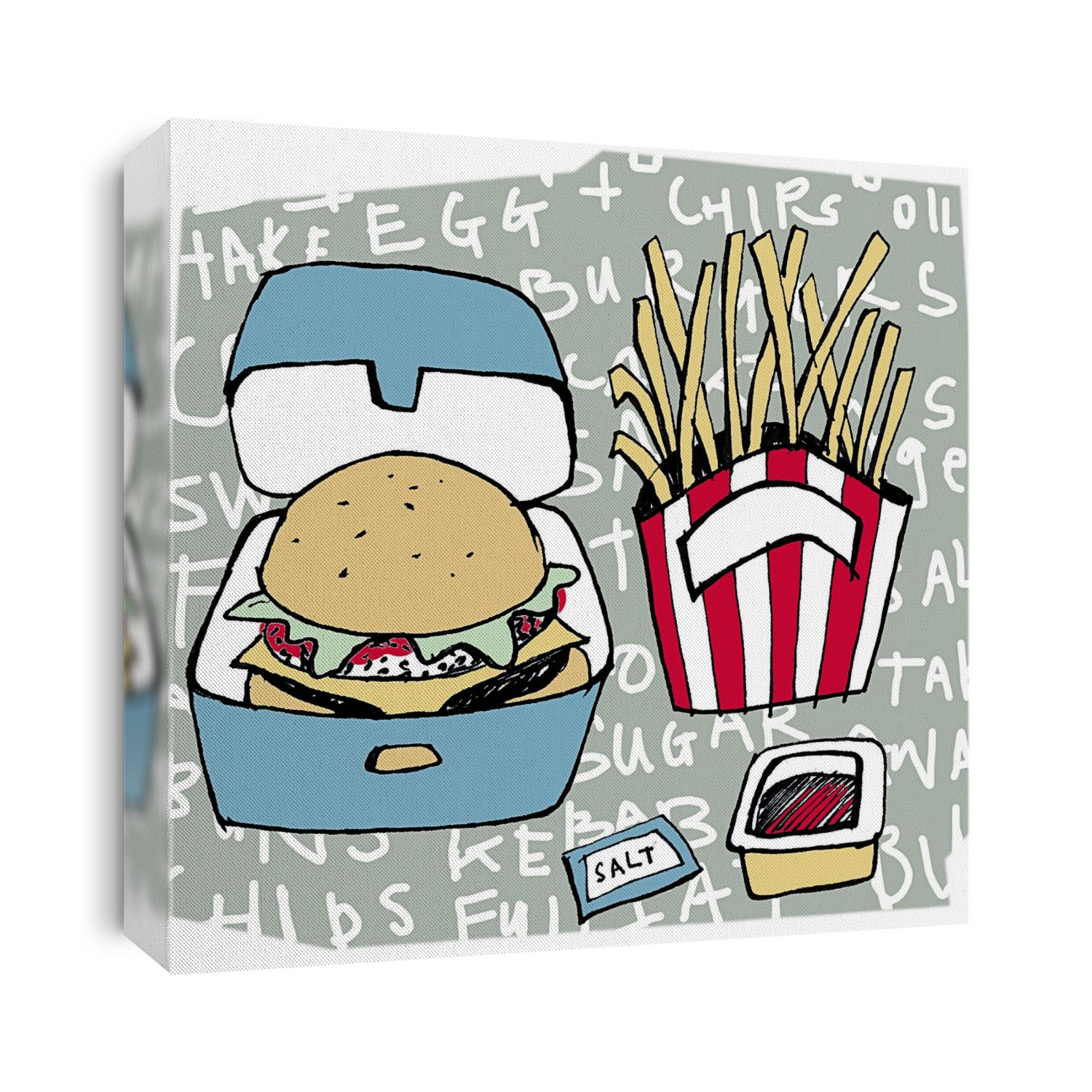 Fast food. Artwork of a beefburger sandwich with cheese and salad, served with chips and a packet of ketchup. The beef patty will contain processed minced meat that may have had salt added. Both the beefburger and the chips may also have been fried, increasing the amount of fat they contain. Diets high in fat and salt are not healthy, as salt can raise blood pressure and fat can cause obesity and also clog the arteries, increasing the risk of a heart attack or stroke.