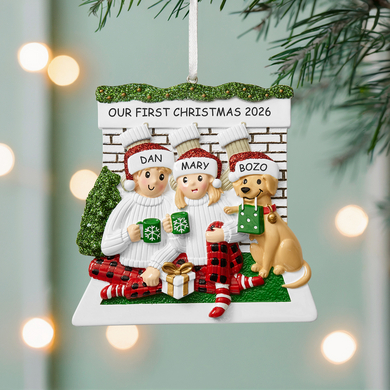 Warm Fireplace Couple with Dog Personalized Ornament