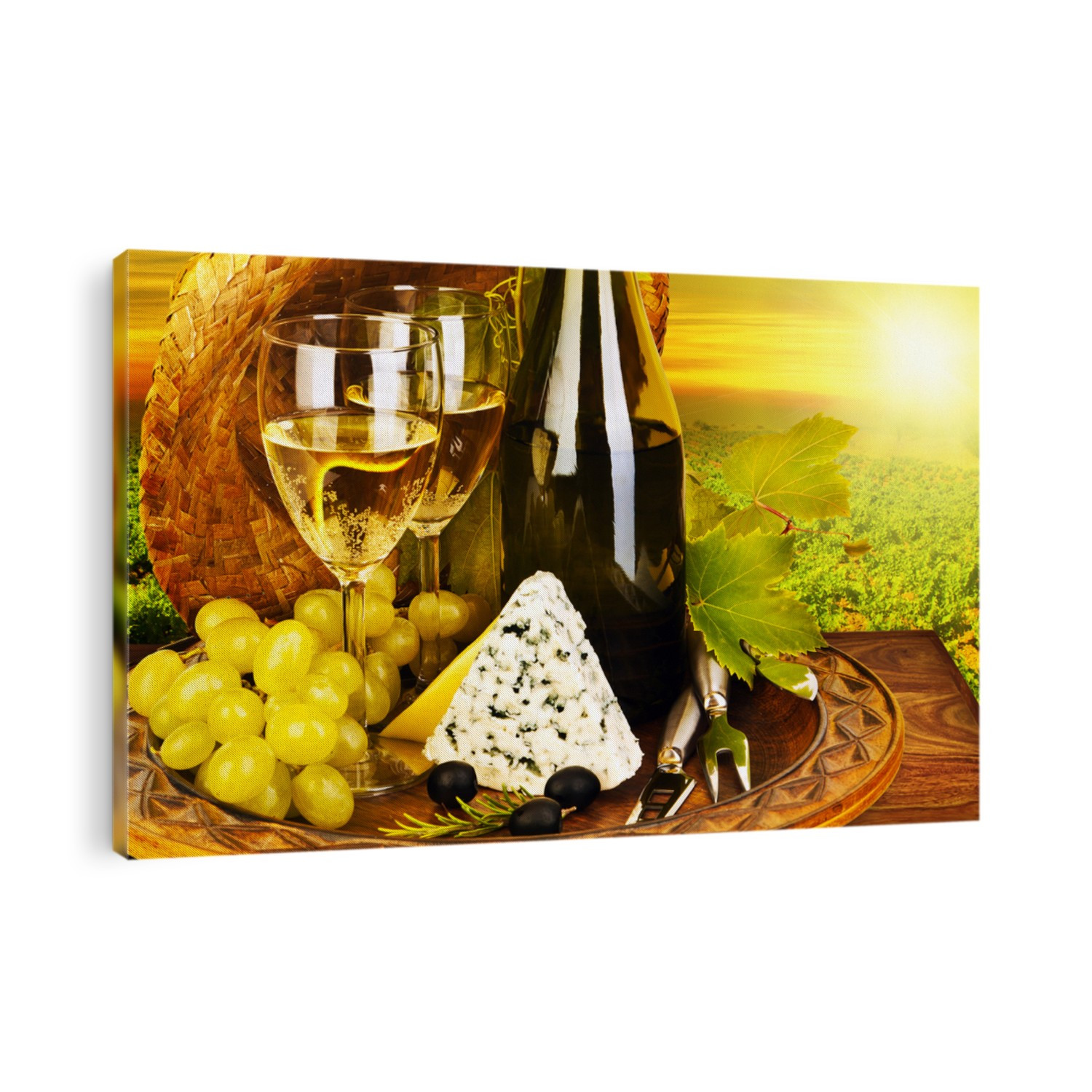 Wine and cheese romantic dinner outdoor, table for two with vineyard view, fresh grapes and wineglass at restaurant, warm autumn sunset, grape field landscape at harvest, food still life
