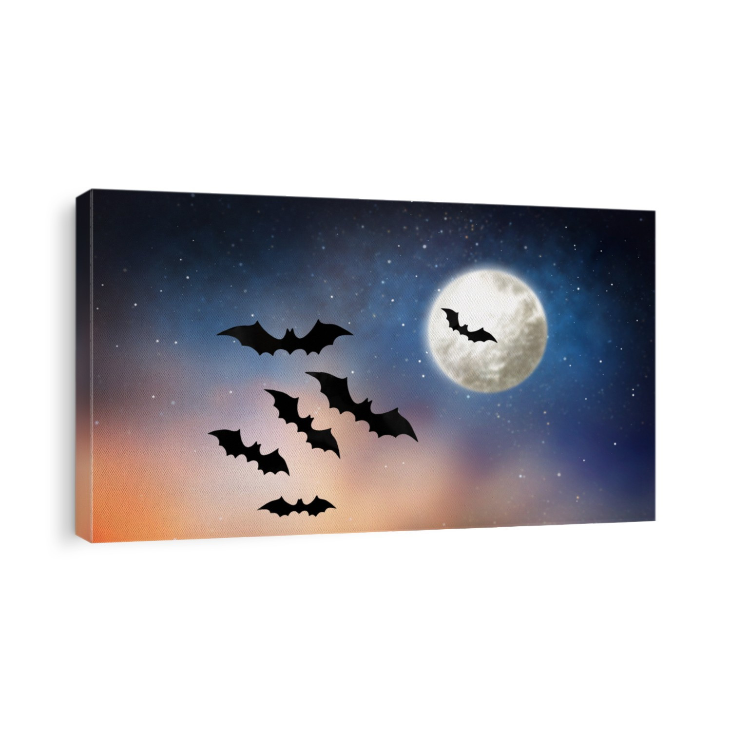 halloween and decoration concept - black bats flying over moon in starry night sky background