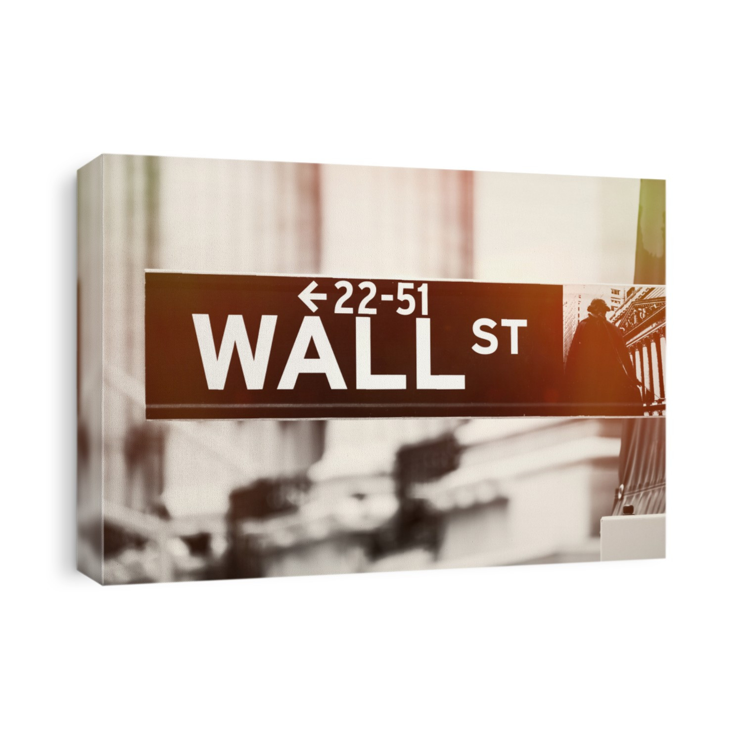 Wall street sign with the New York Stock Exchange on the background at sunset