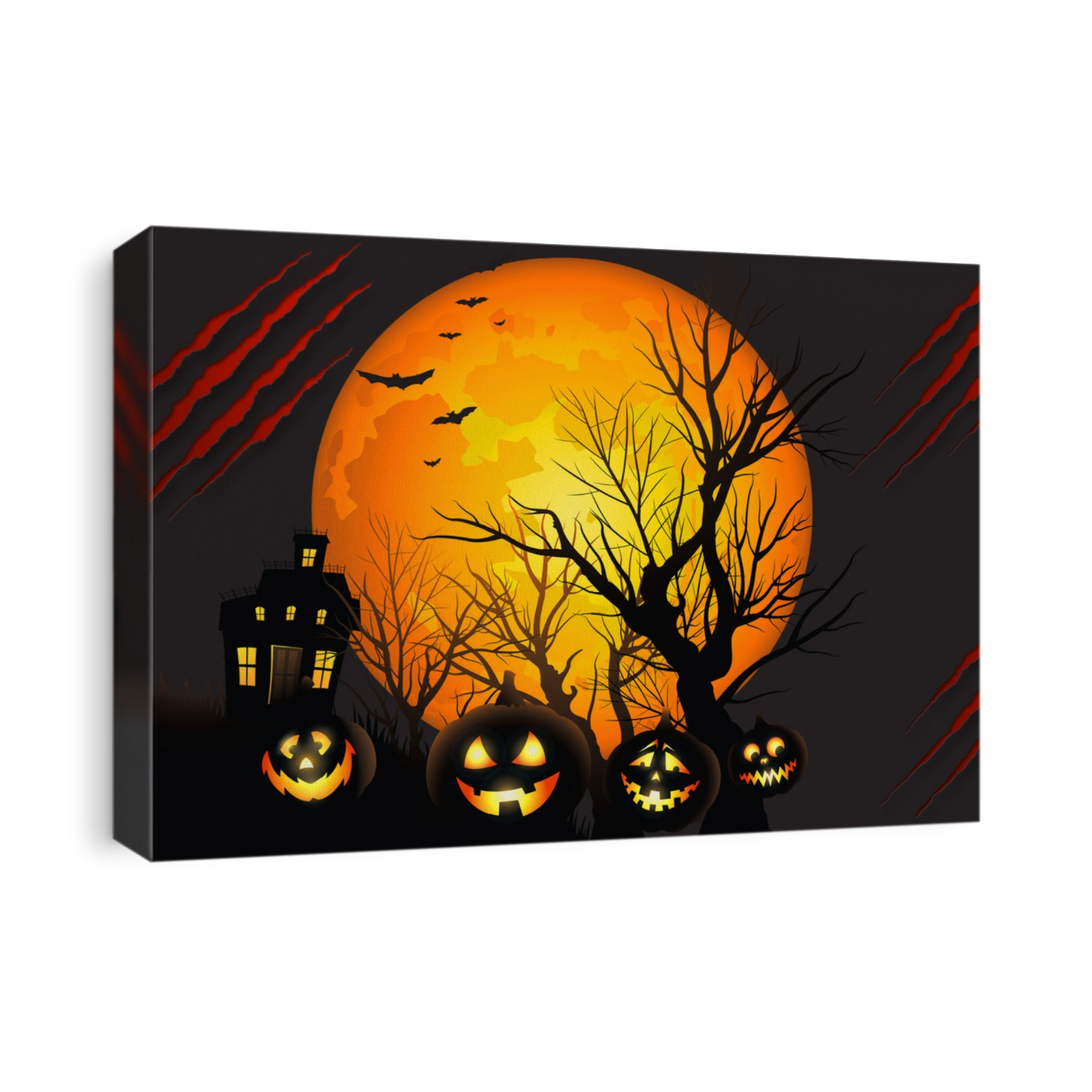 Halloween background. Spooky pumpkin with moon and dark forest. Halloween design with copyspace