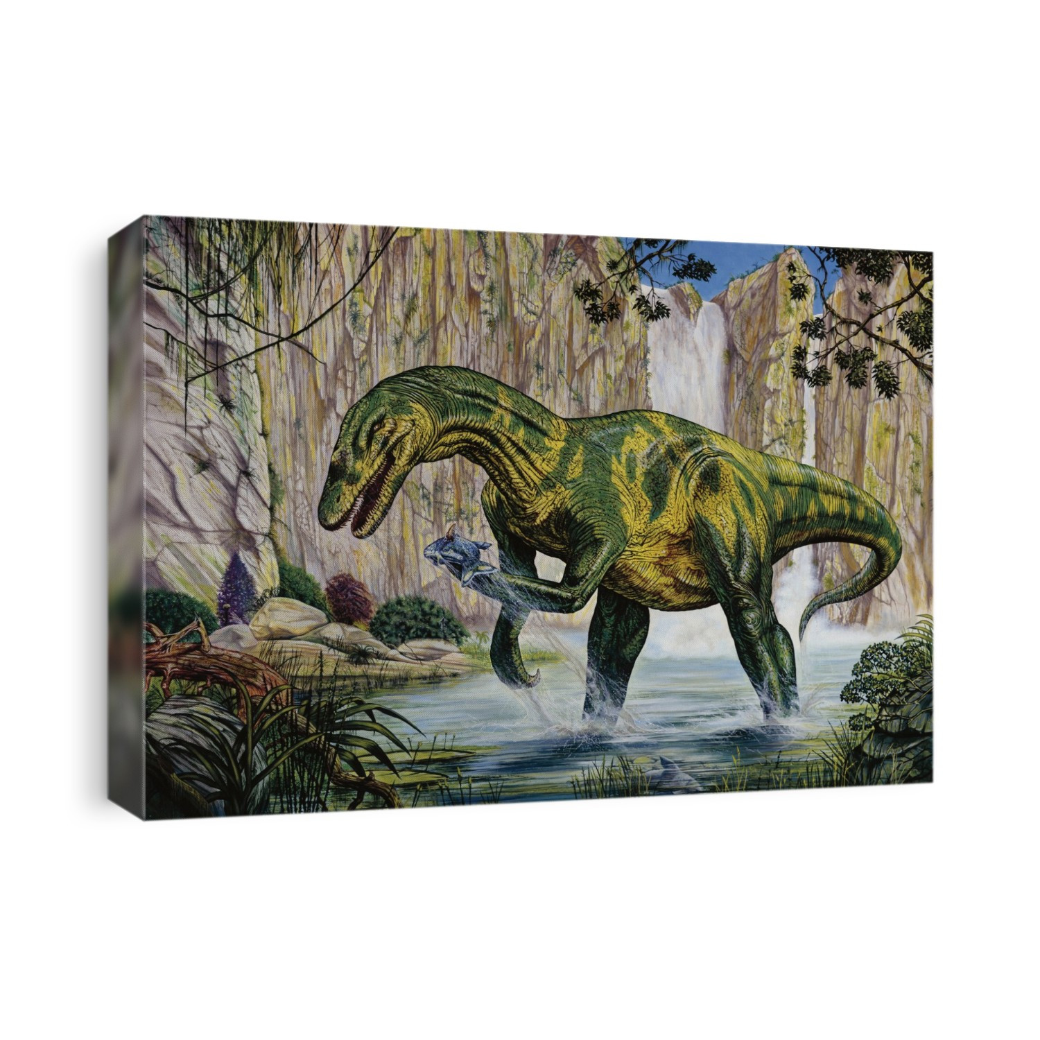 Baryonyx dinosaur fishing. Computer illustration of a Baryonyx sp. dinosaur fishing by a prehistoric waterfall. This fish-eating theropod lived around 130 million years ago, during the Barremian stage of the Cretaceous period, in what is now the UK and Iberia. It measured around 8.5 metres from head to tail.