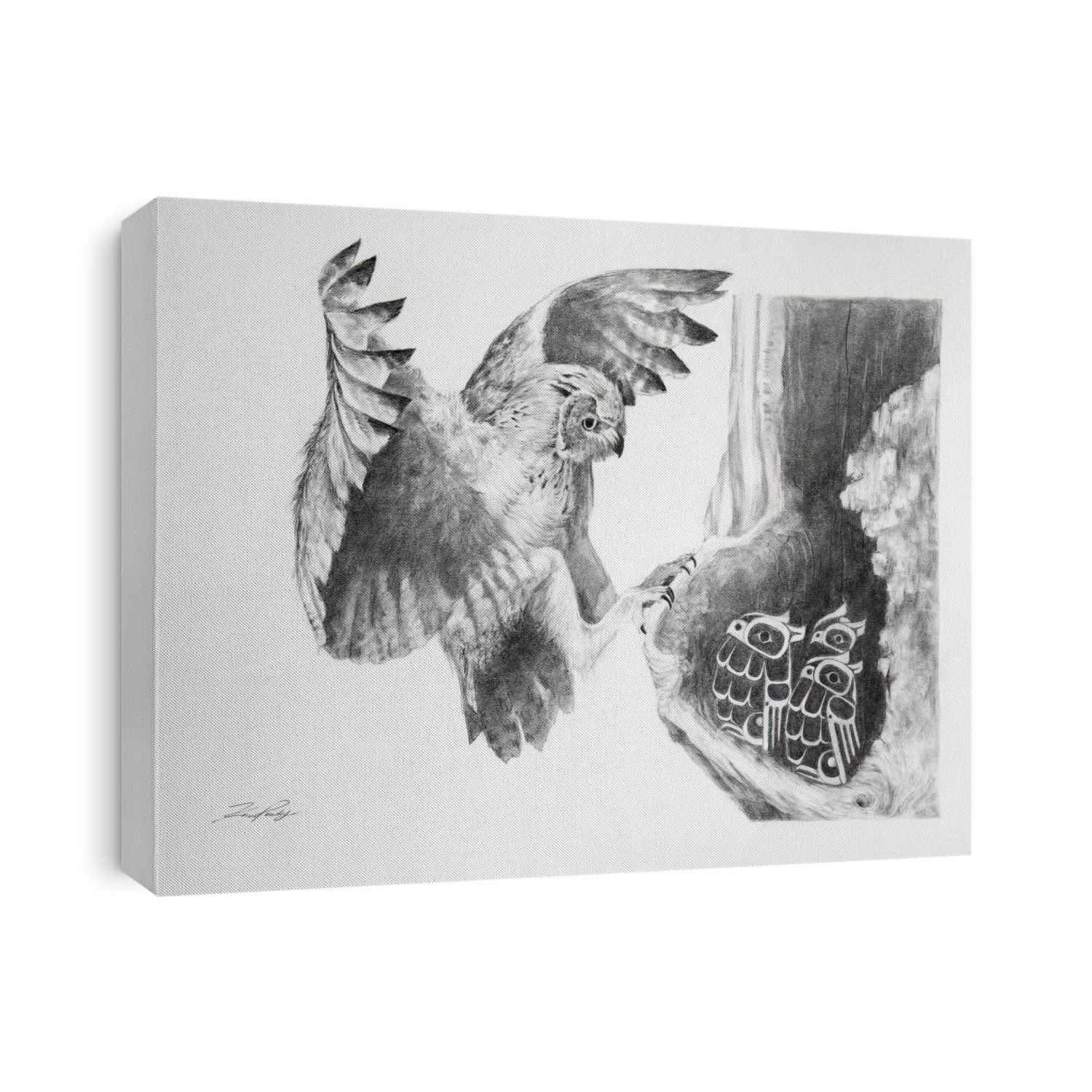 The Guardian: Drawing of a Great Horned Owl (Bubo virginianus) with owlets in nest