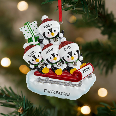 Playful Penguin Family Sled Personalized Ornament