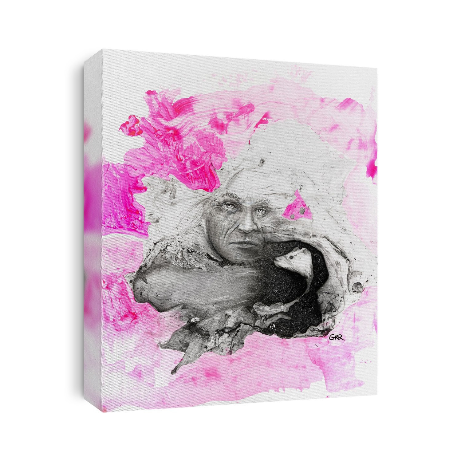Illustration Of A Man's Face And A Rat's Head Surrounded By Pink And White Brush Patterns