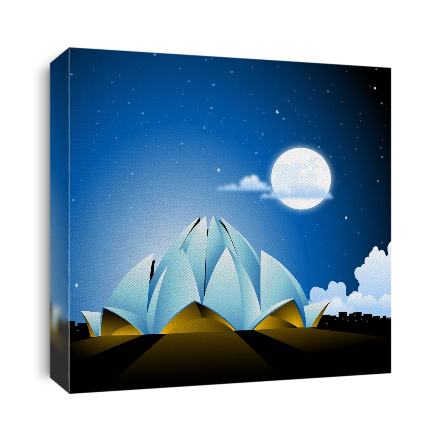 Temple lit up at night, Lotus Temple, New Delhi, India, illustration.