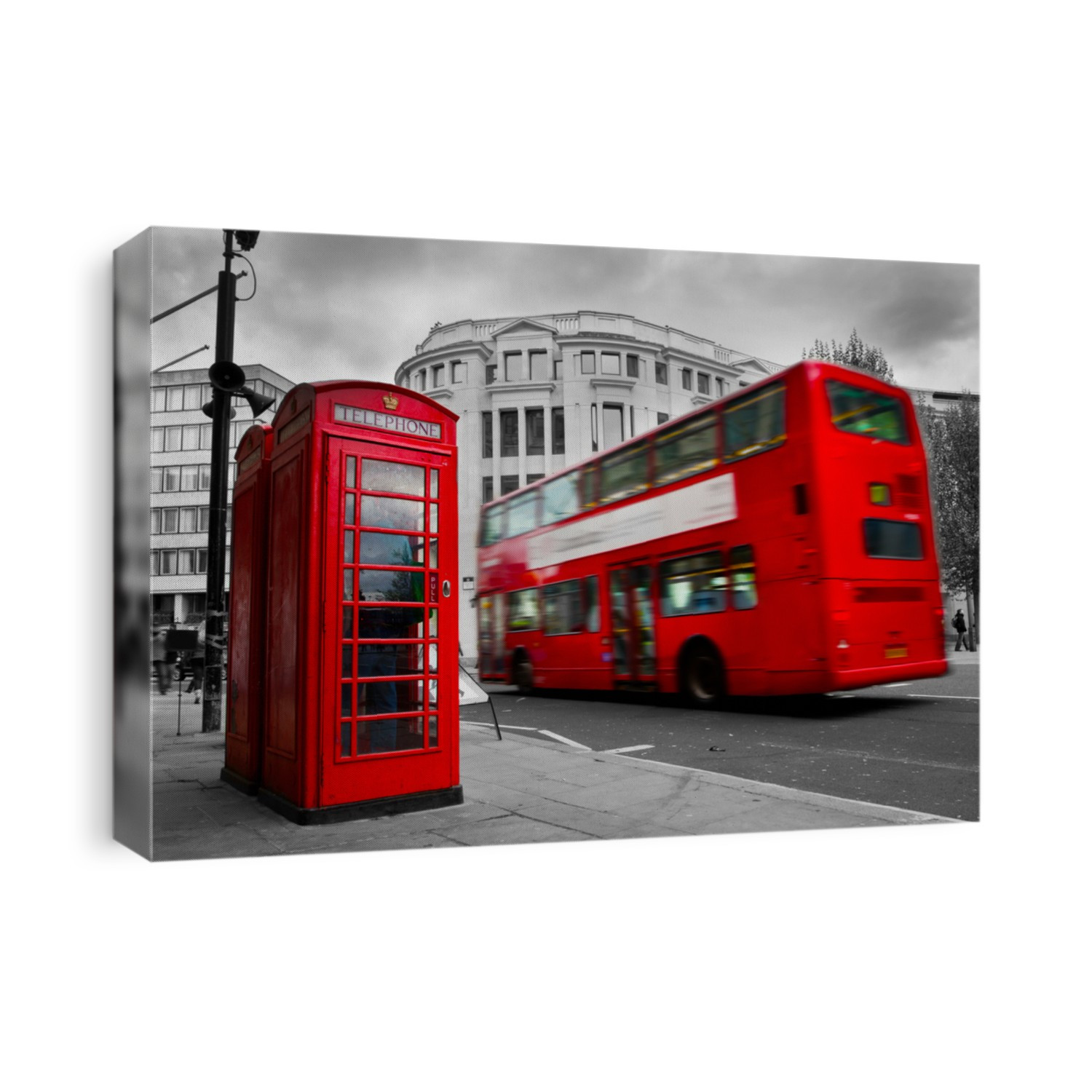 London, the UK. Red phone booth and red bus in motion. English icons