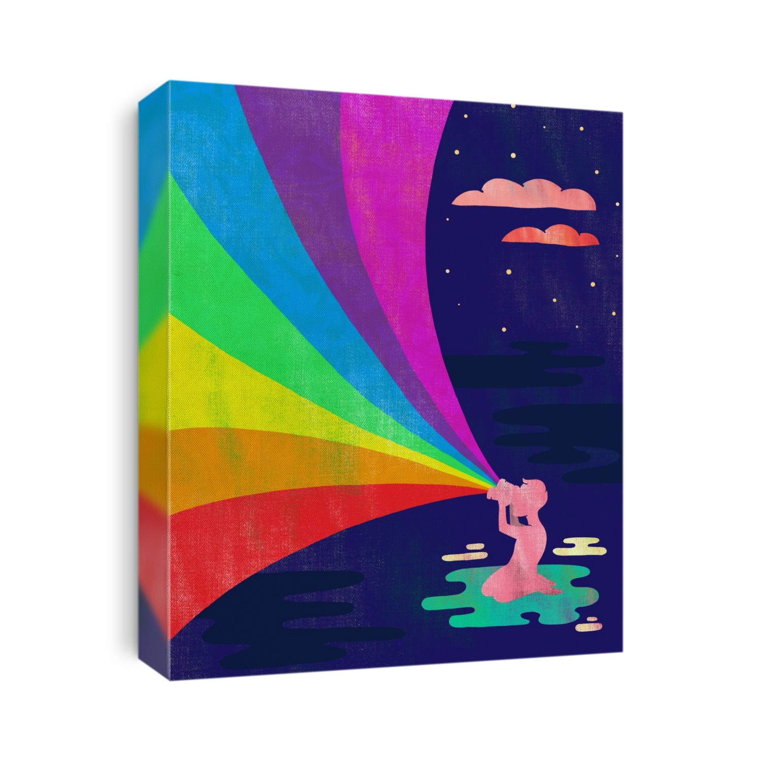 Illustration of man looking at rainbow through binoculars representing aspiration.