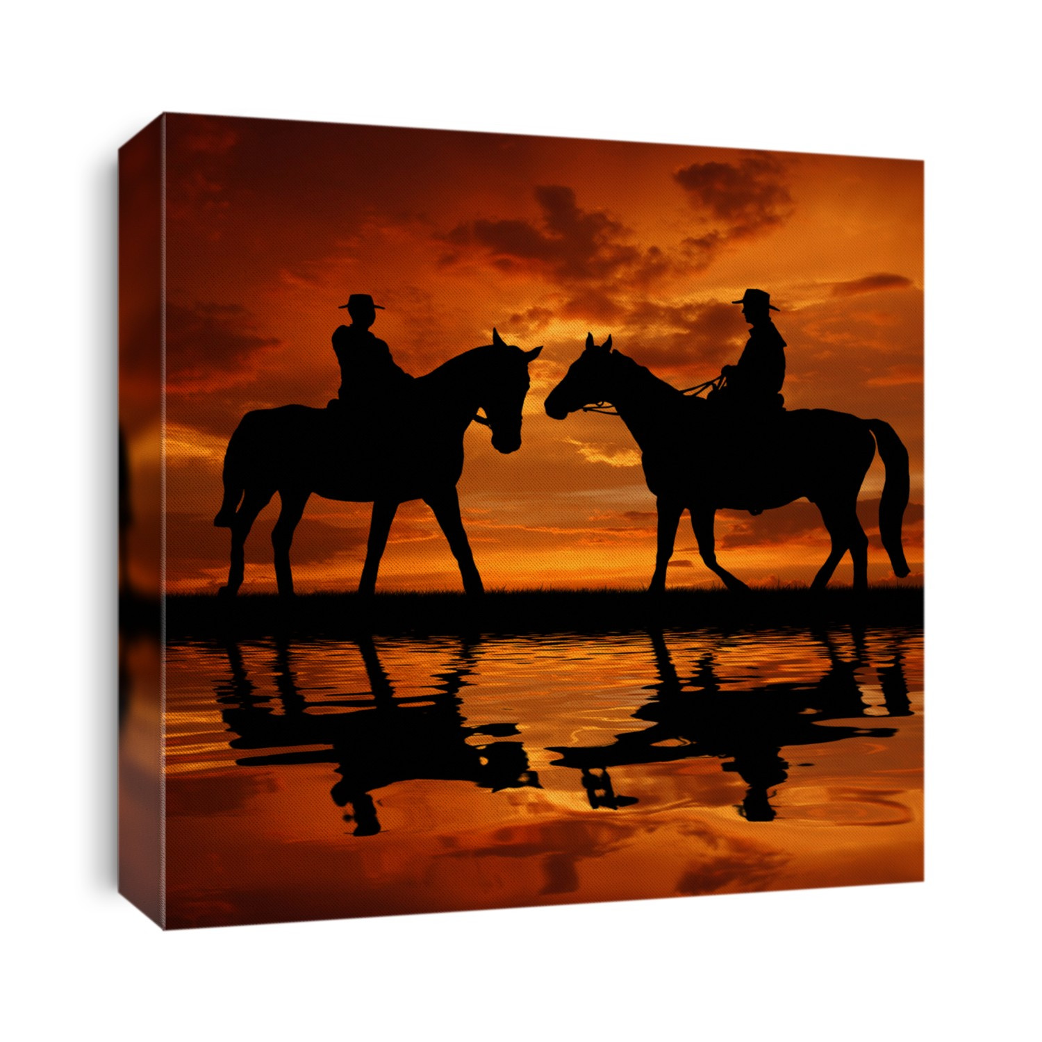 Silhouette cowboys with horses in the sunset