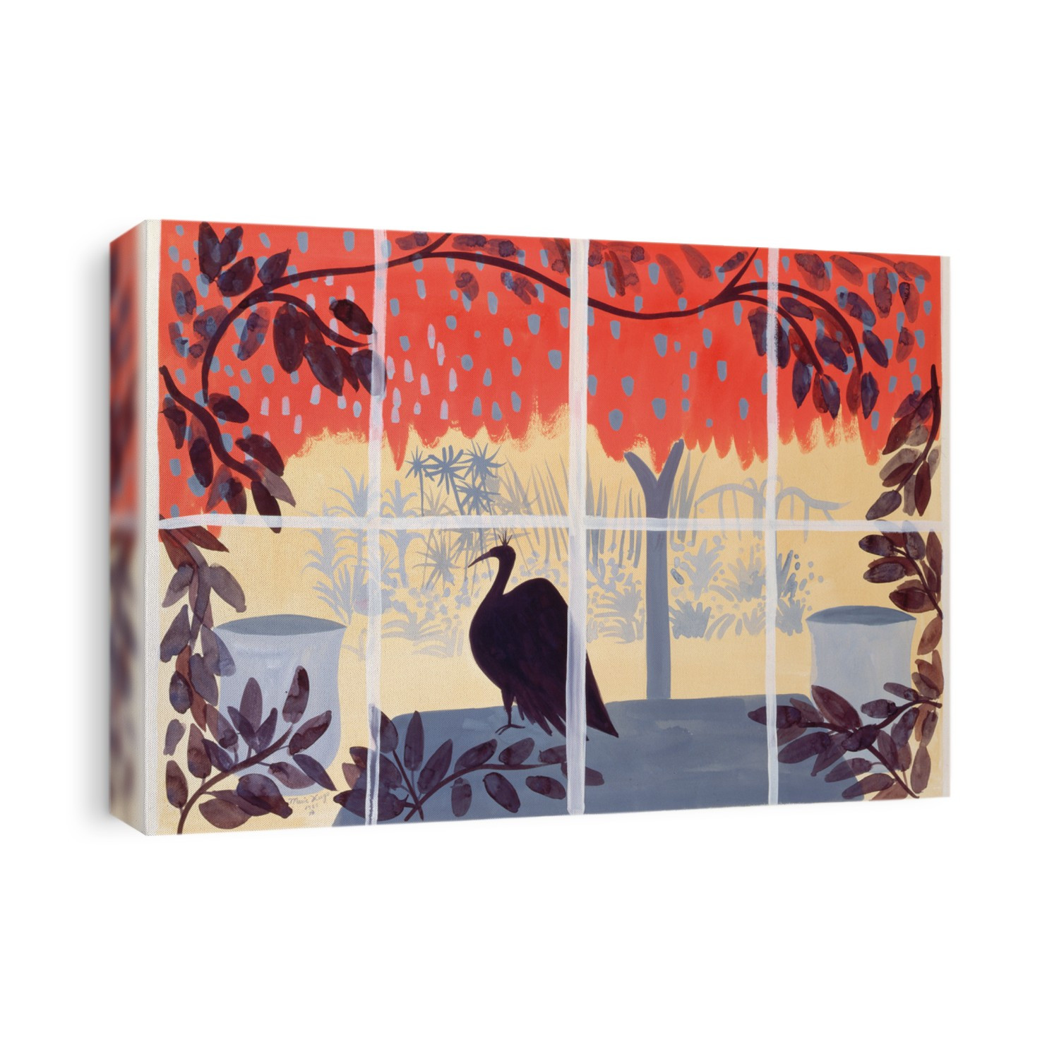 peacock on the table; bird; vines; window; garden;