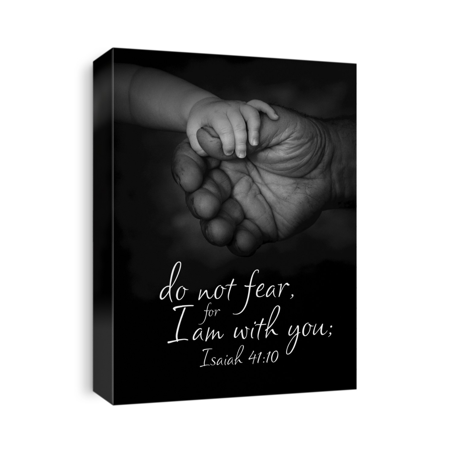 Image Of A Baby's Hand Holding A Large Adult Hand On A Black Background With Scripture From Isaiah 41:10