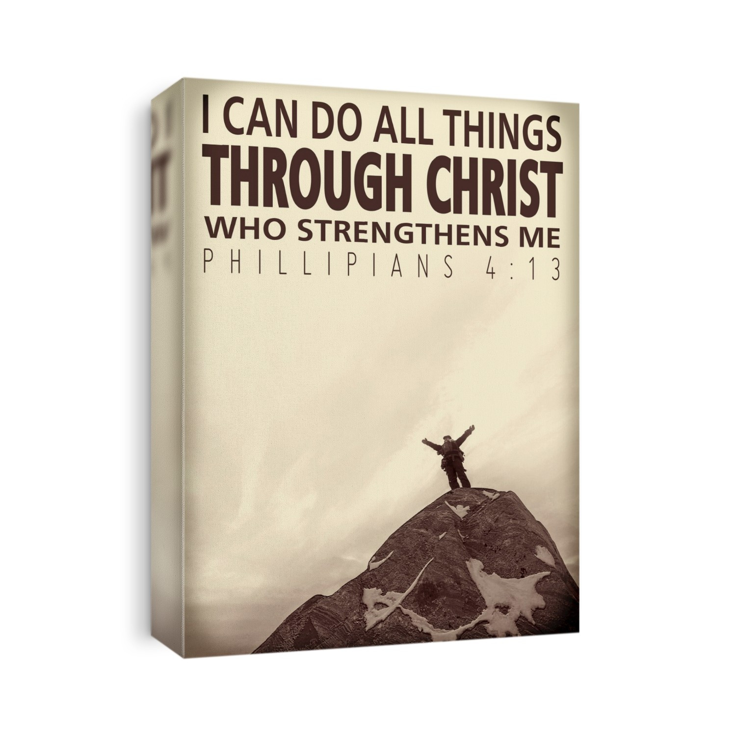 Image Of A Person With Outstretched Arms Standing At The Top Of Mountain With Scripture From Philippians 4:13