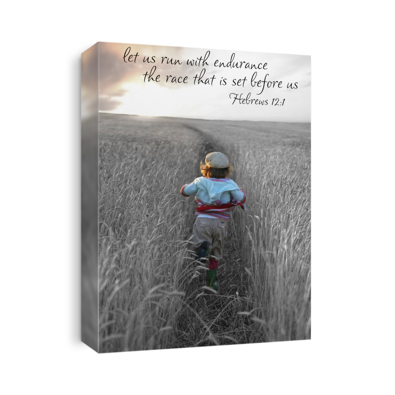 Image Of A Young Girl Running In A Cleared Path Through A Field Of Tall Grass At Sunset With A Scripture From Hebrews 12:1