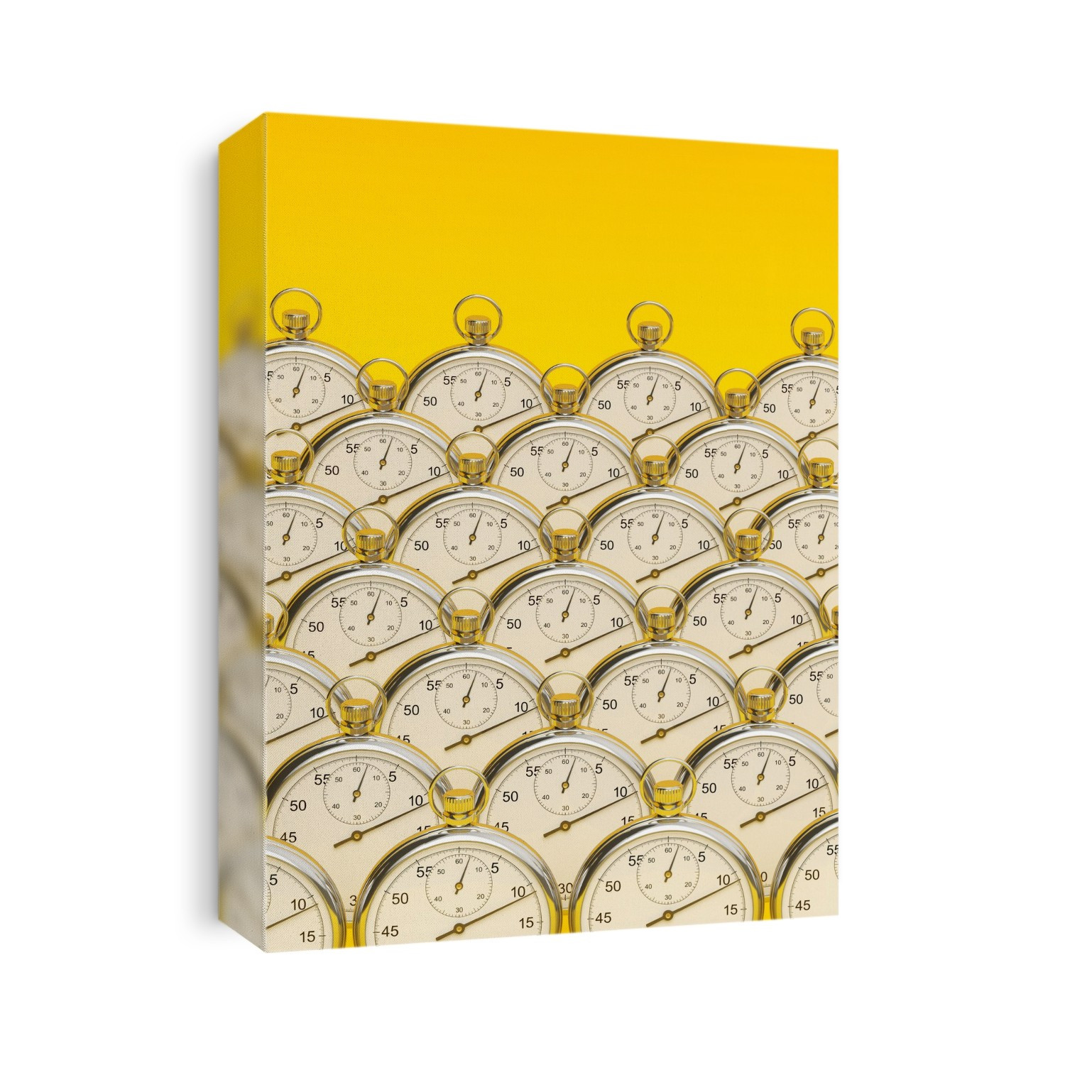 Mechanical analog stopwatches artwork. A stopwatch is a handheld timepiece designed to measure the amount of time elapsed from a particular time when it is activated to the time when the piece is deactivated. This stopwatch comprises two dials: the outer dial measures time in seconds, the inner dial in minutes. Synchronising watches and stop watches enables precise coordination between users at different locations.