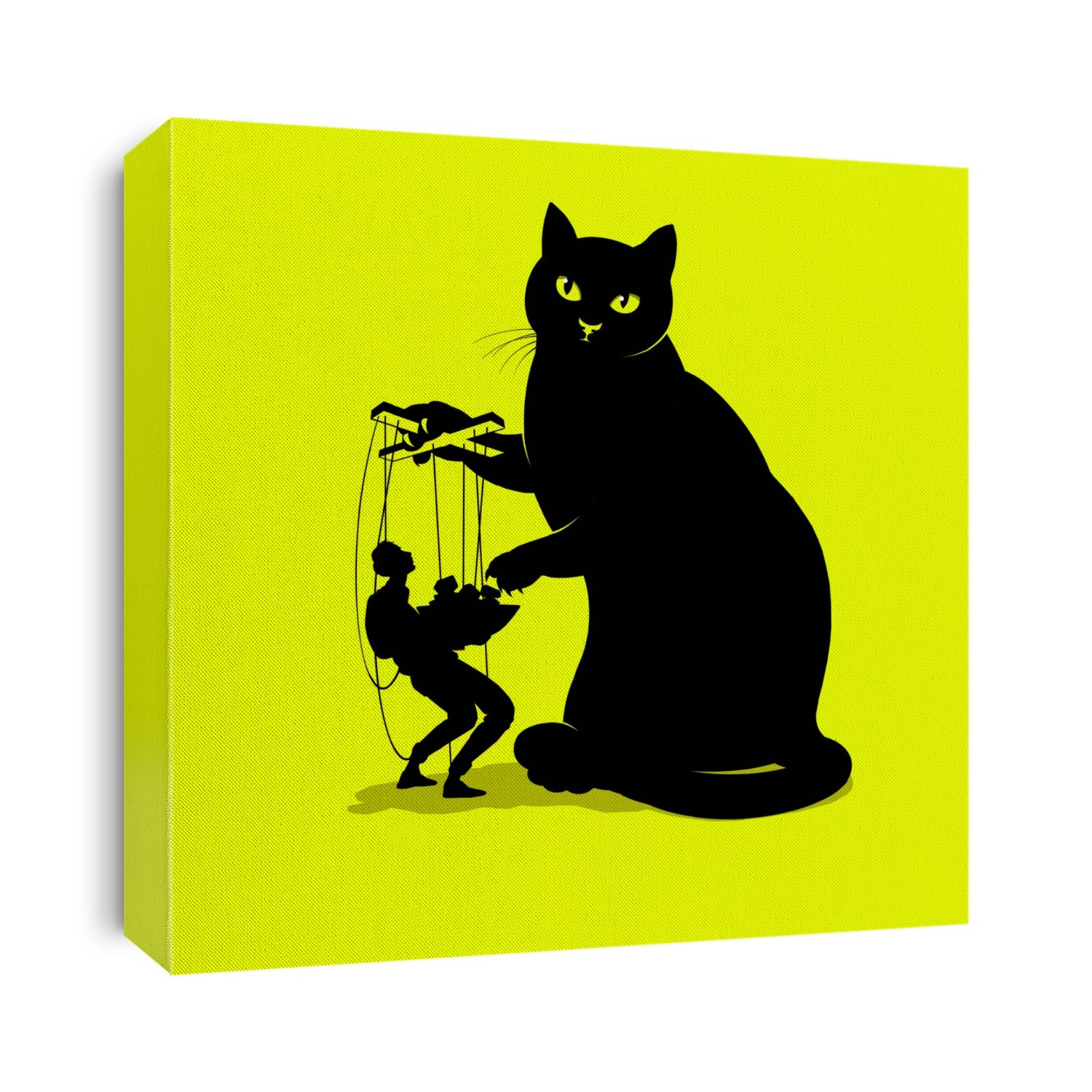 Cat ownership dynamics. Conceptual image of a silhouetted cat controlling its owner on puppet strings as they provide the cat with food, representing cats manipulating their owners. Studies have shown that some cats use a phenomenon called solicitation purring when they want to be fed.