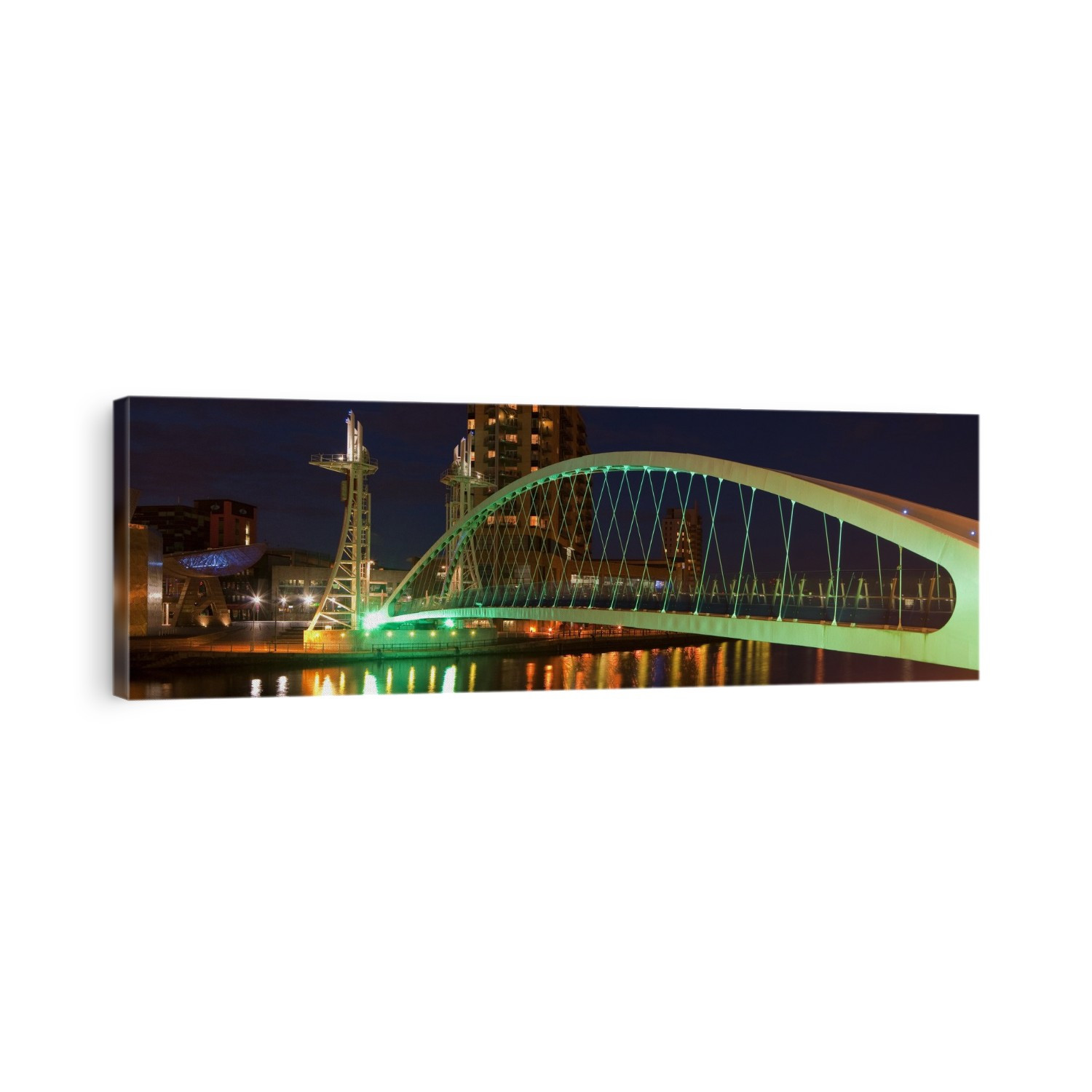 The Millennium Bridge at Salford Quays at twilight.