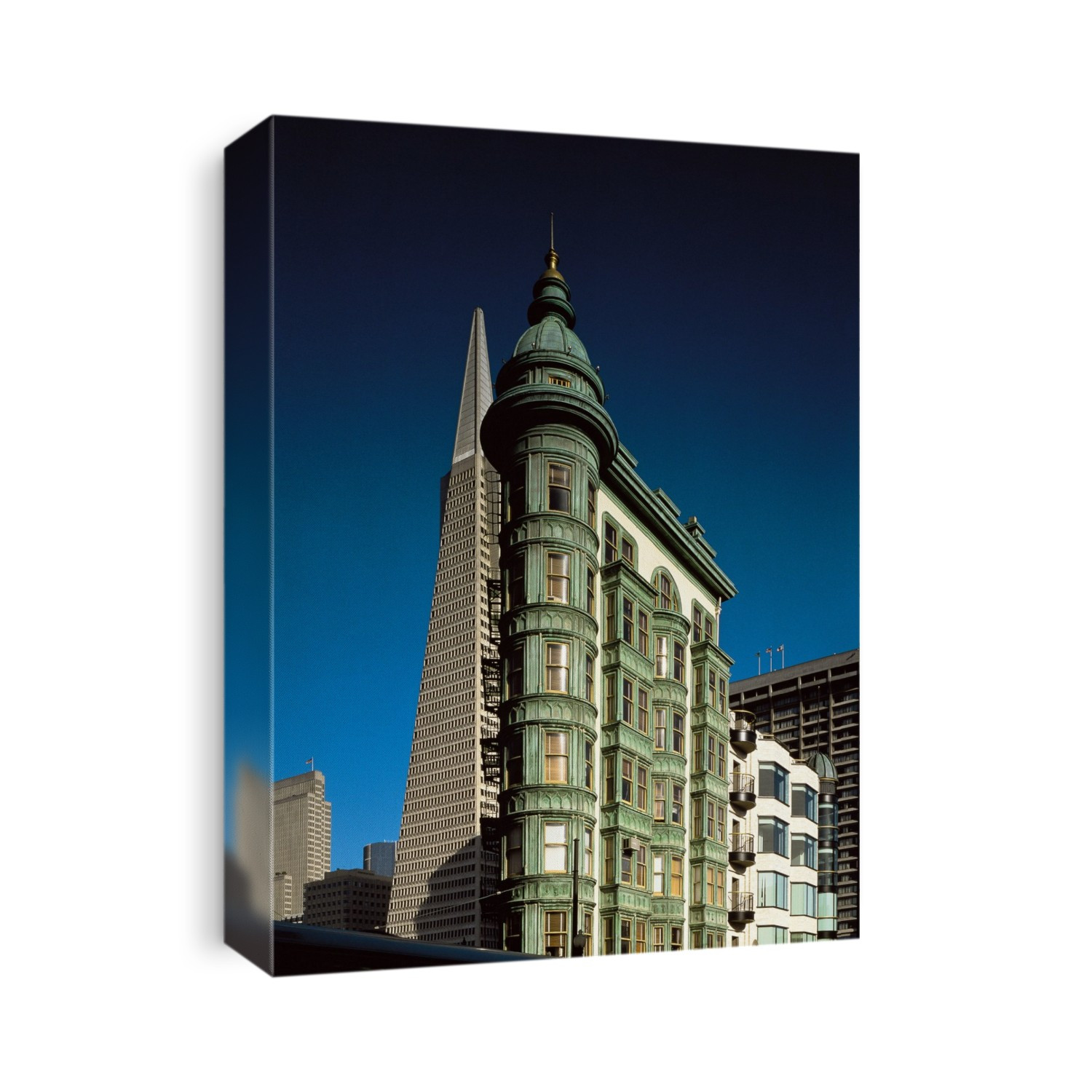 Sentinel Building, San Francisco, California, USA. In the background to the left is the Transamerica Pyramid. These buildings are in the city's Financial District. The Sentinel Building was built completed in 1907. As of 2017 the Transamerica Building is the tallest building in San Francisco, although a taller building is under construction. It was completed in 1972.