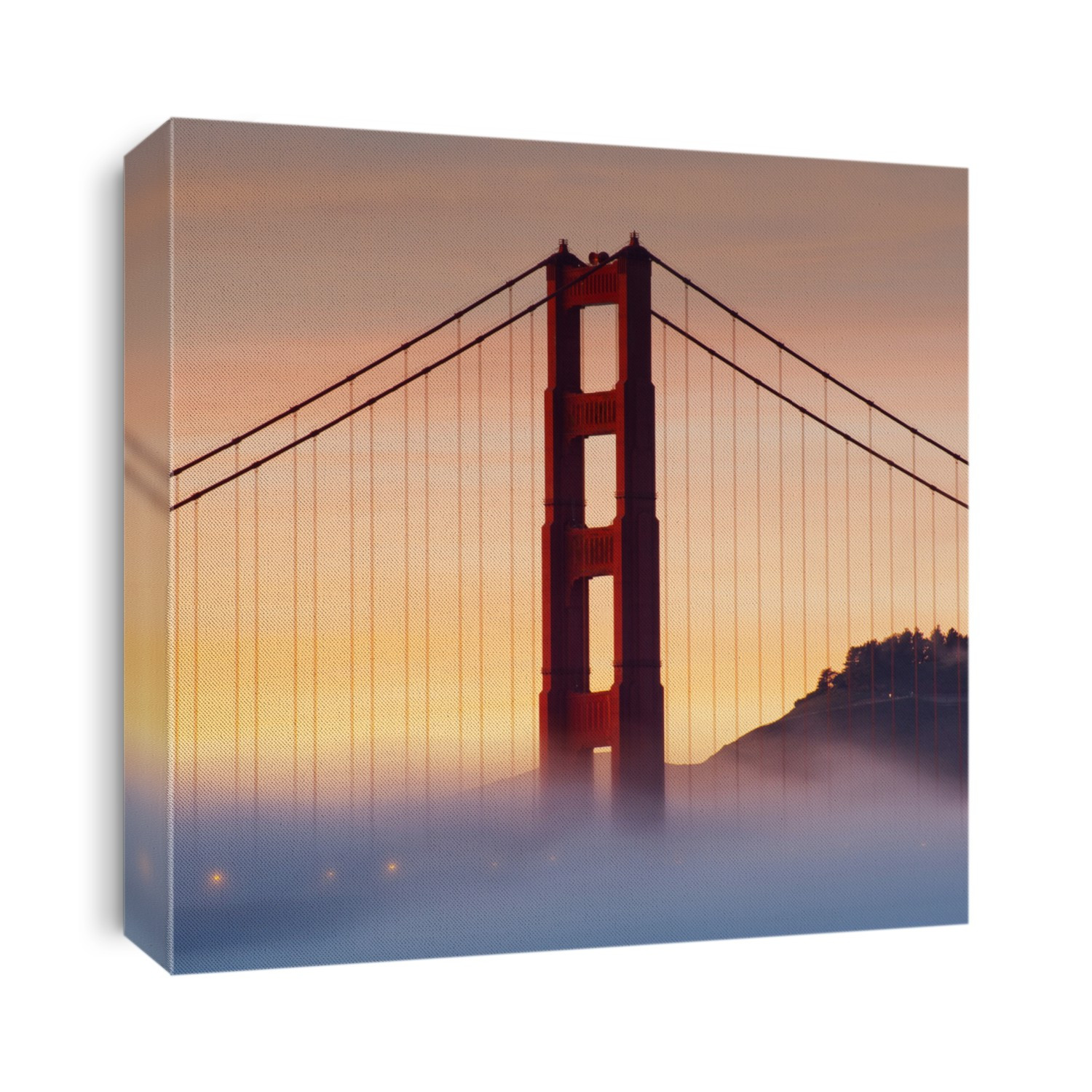 Panorama photo of Golden Gate Bridge at sunset with fog, San Francisco, USA