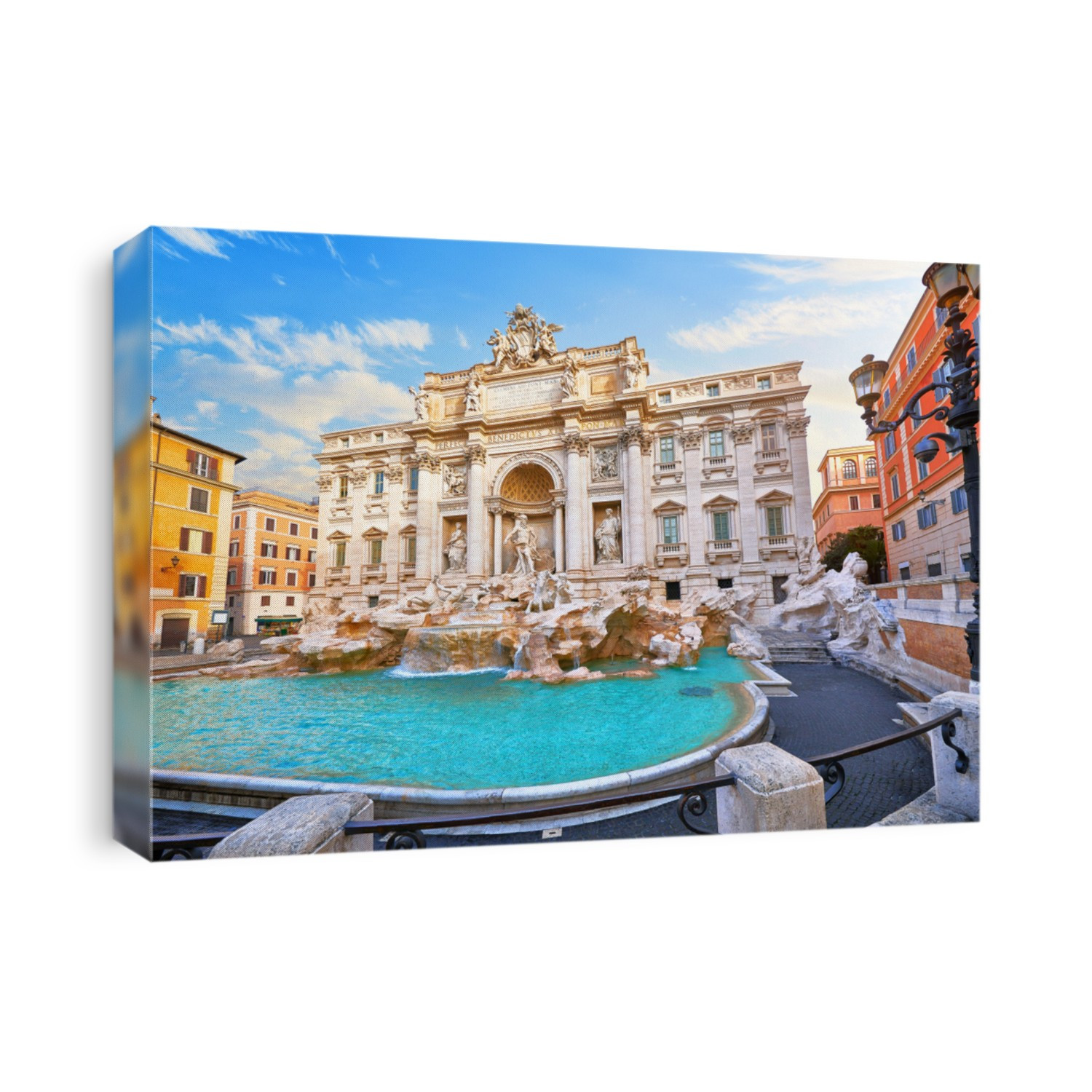 Trevi Fountain in Rome, Italy. Ancient fountain. Roman statues at piazza in old medieval city among traditional italian houses and street lamps. Famous landmark. Touristic destination for vacation.