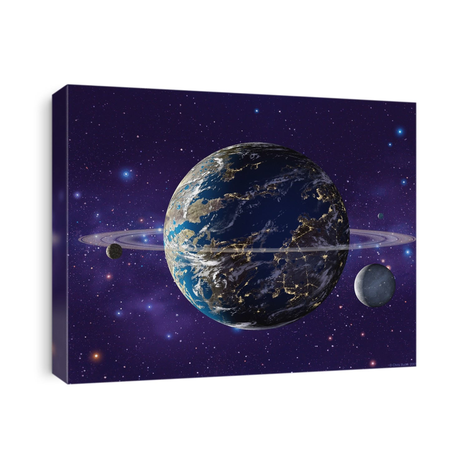 Alien world. Artwork of city lights on an Earth- like ringed alien planet and its moon.