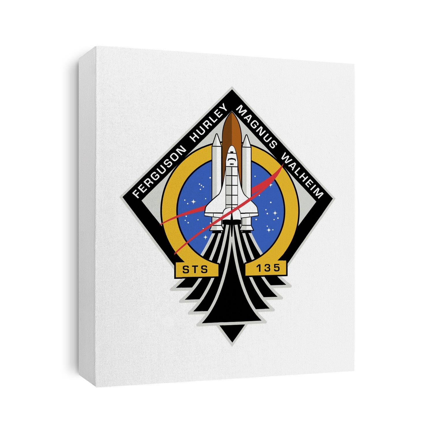 Space Shuttle final mission patch. Artwork commemorating the final mission (STS-135) of the Space Shuttle Program. The names of the four crew members of STS-135 are shown with the Space Shuttle Atlantis at its centre. Omega (yellow), the last letter in the Greek alphabet, is used to recognise this mission as the last flight of the Space Shuttle Program.
