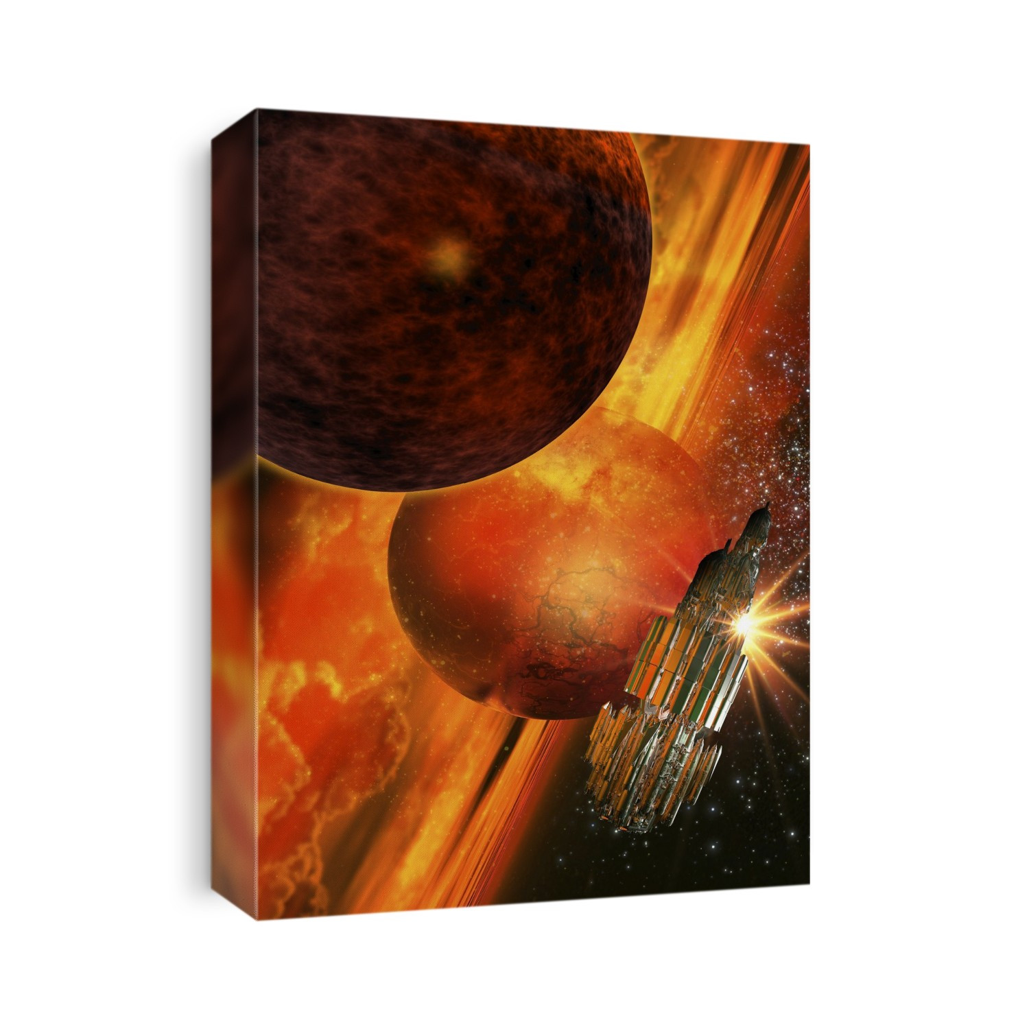 Space craft orbiting a planet, computer illustration.