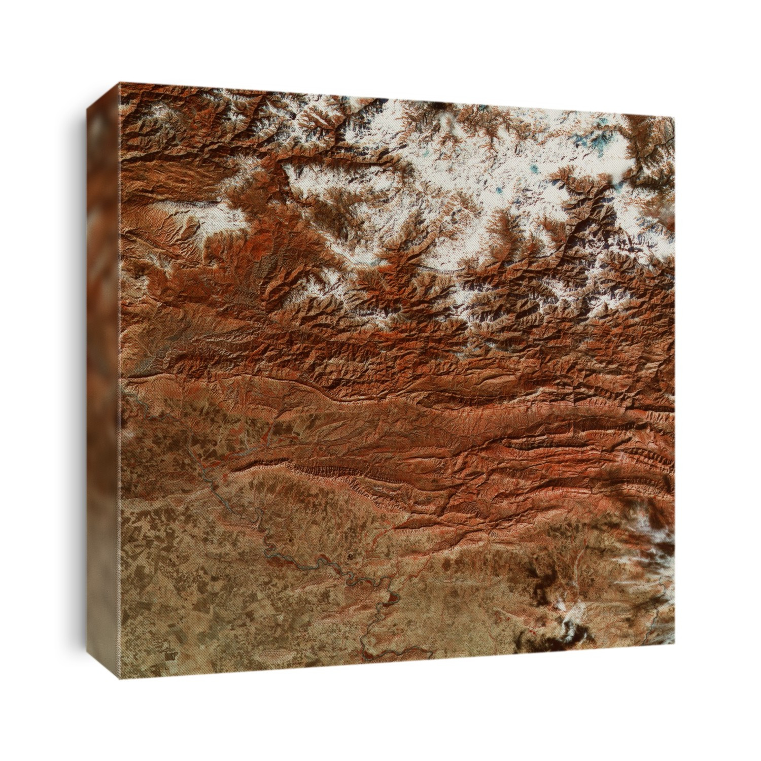 Mountains, Turkey, infrared satellite image. North is at top. Snow (white) covers the peaks of these mountains that rise over 2000 metres high. They are part of the Taurus Mountains of Turkey. In the lowlands (lower left), fields are seen along the upper reaches of the Tigris River in Iraq. This 180-kilometre-wide image was taken on 22 November 1972, in visible and infrared wavelengths, with the Multispectral Scanner (MSS) sensor on NASA's Landsat 1 satellite.