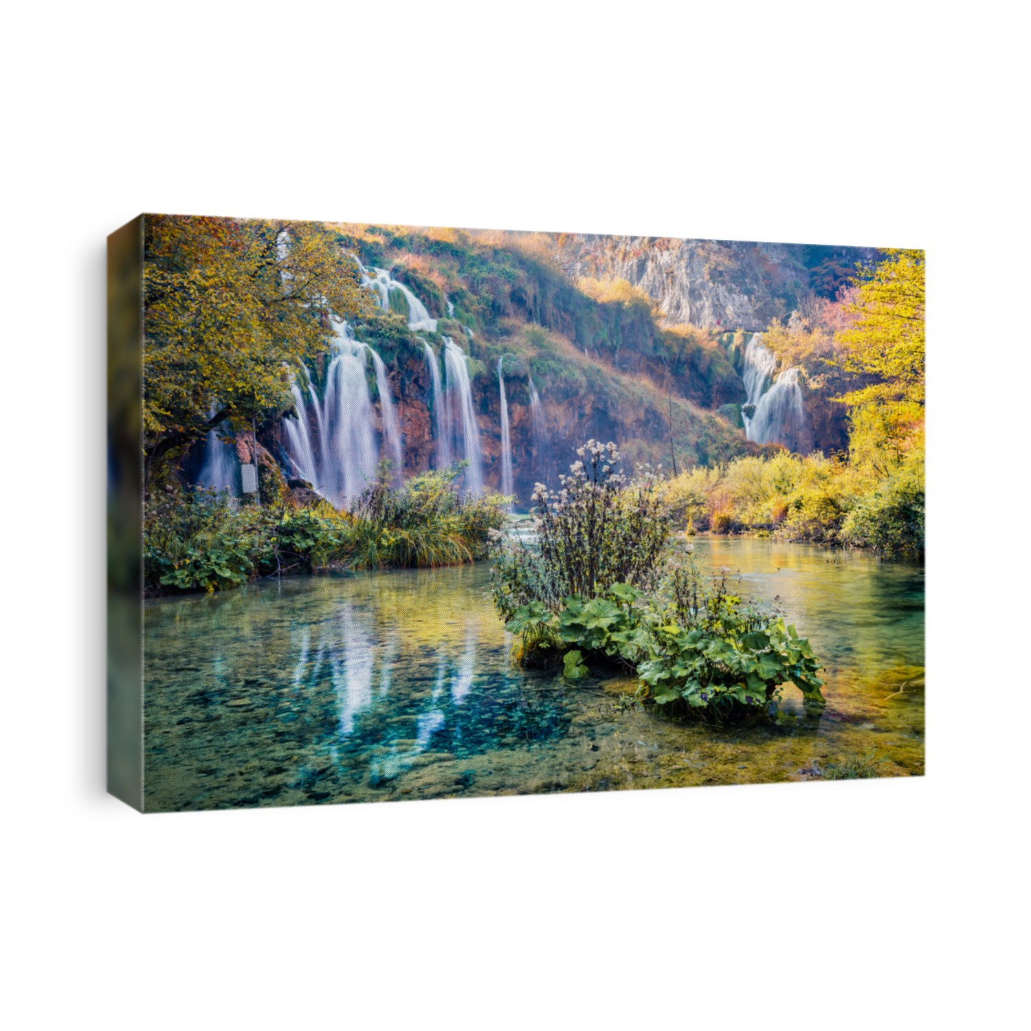 Breathtaking morning view of pure water waterfall in Plitvice National Park. Amazing autumn scene of Croatia, Europe. Abandoned places of Plitvice lakes series. Beauty of nature concept background.