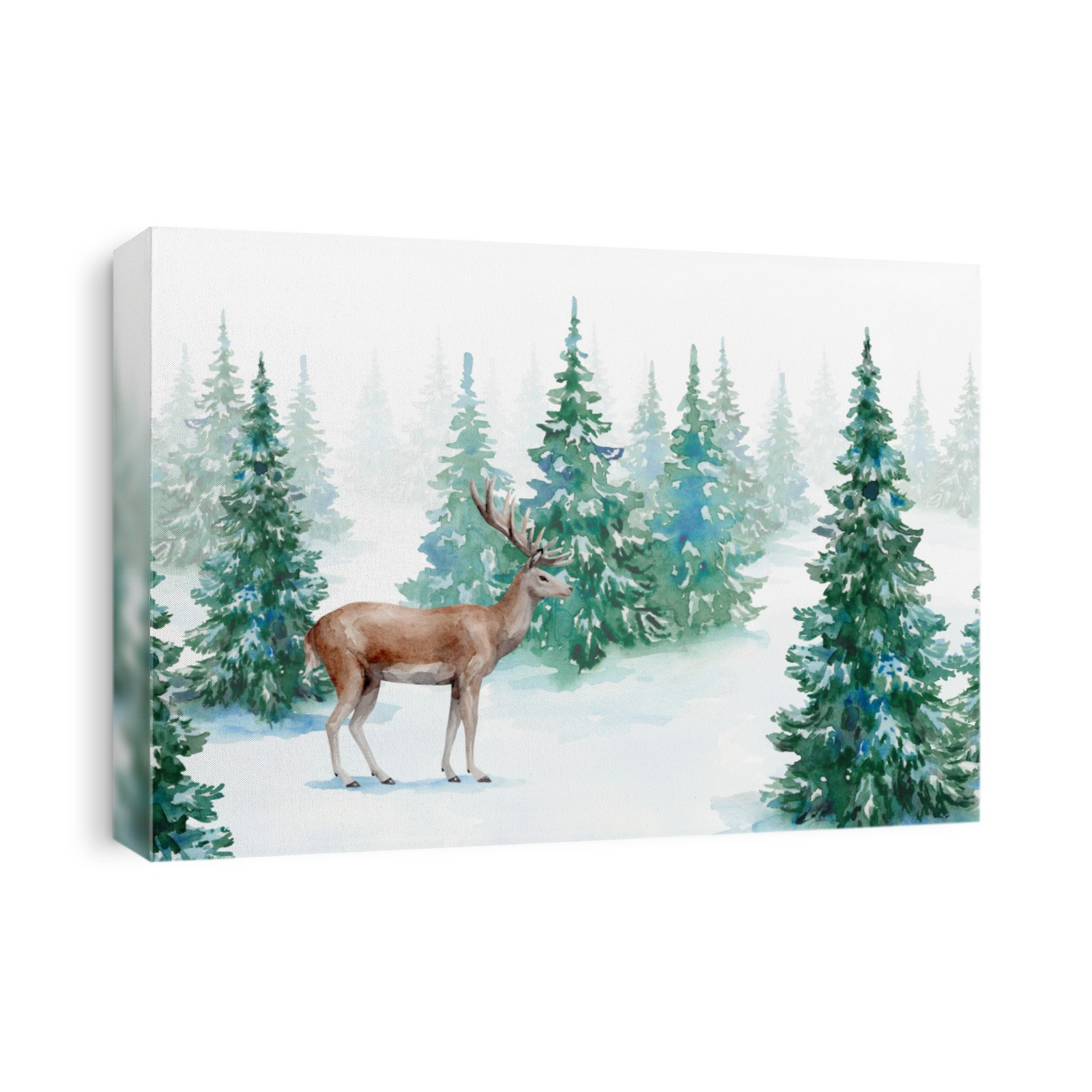 Watercolor illustration with snowy forest and deer