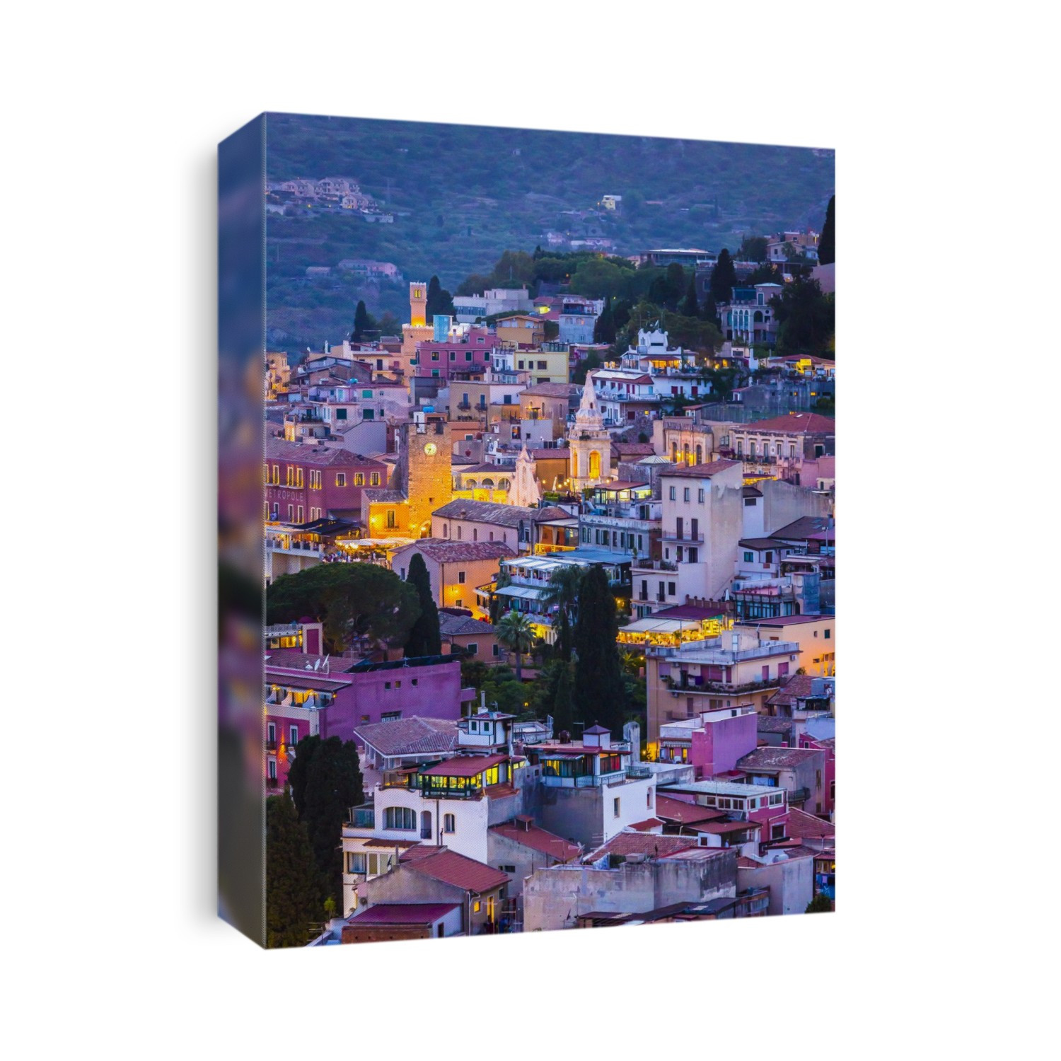 Overview of Taormina at Dusk, Sicily, Italy