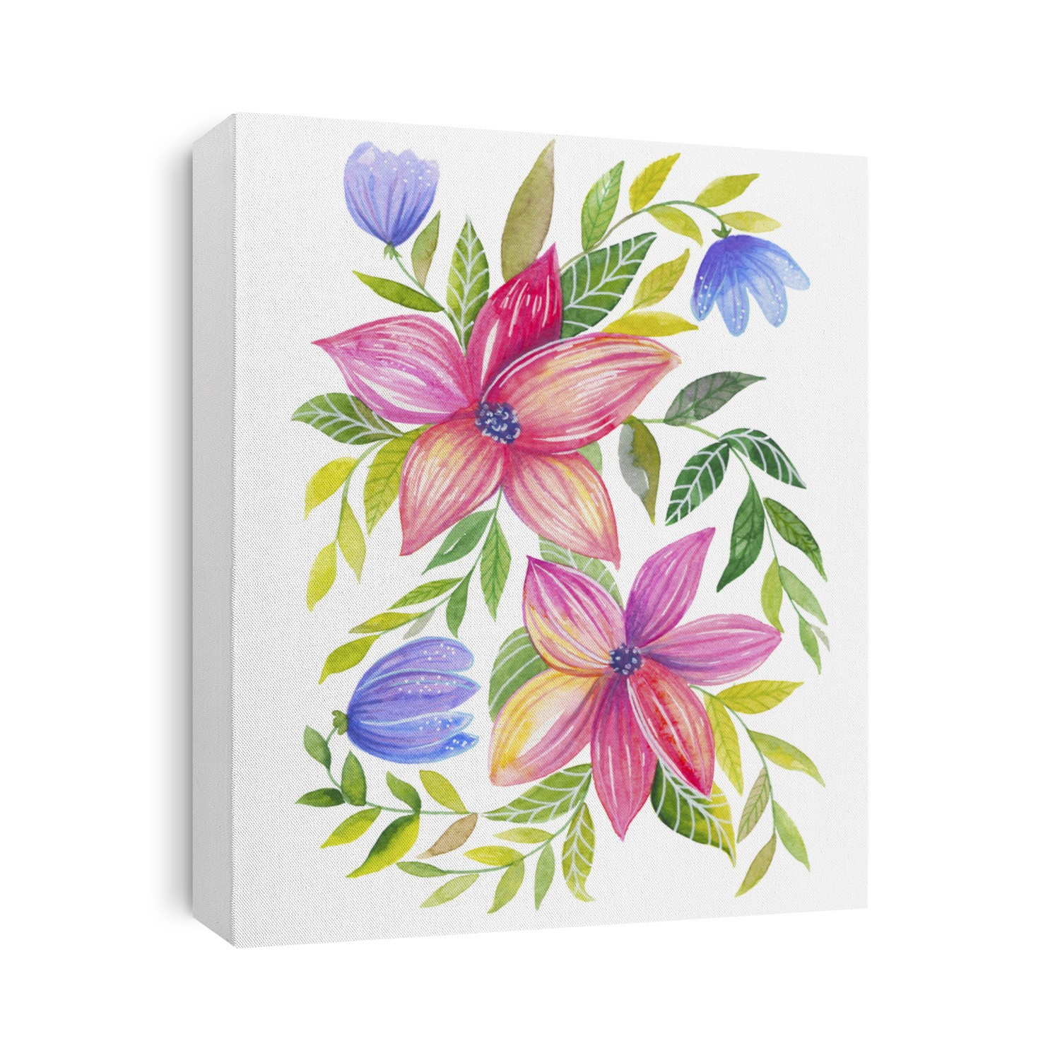 Pink Watercolor Flowers with leaves on white background.