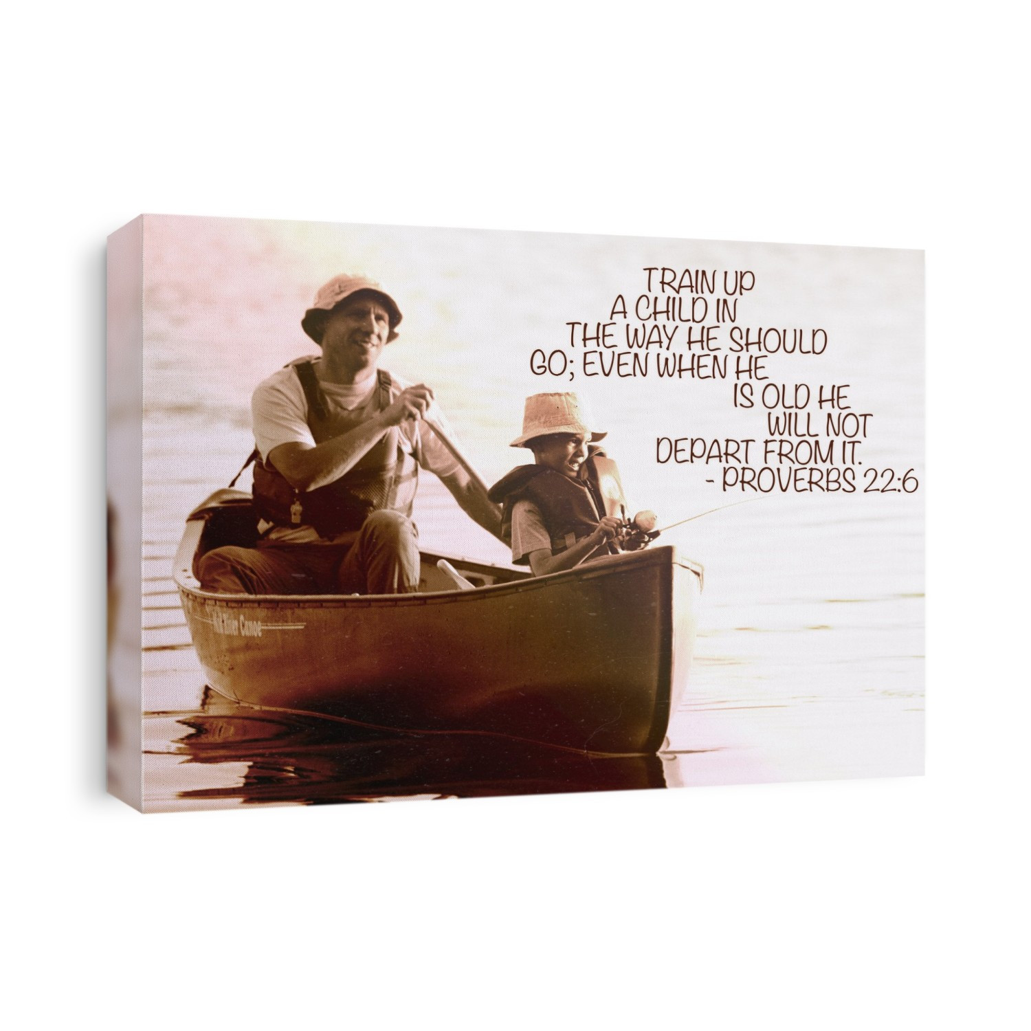 Image Of A Father And Son Fishing From A Canoe With Scripture From Proverbs 22:6