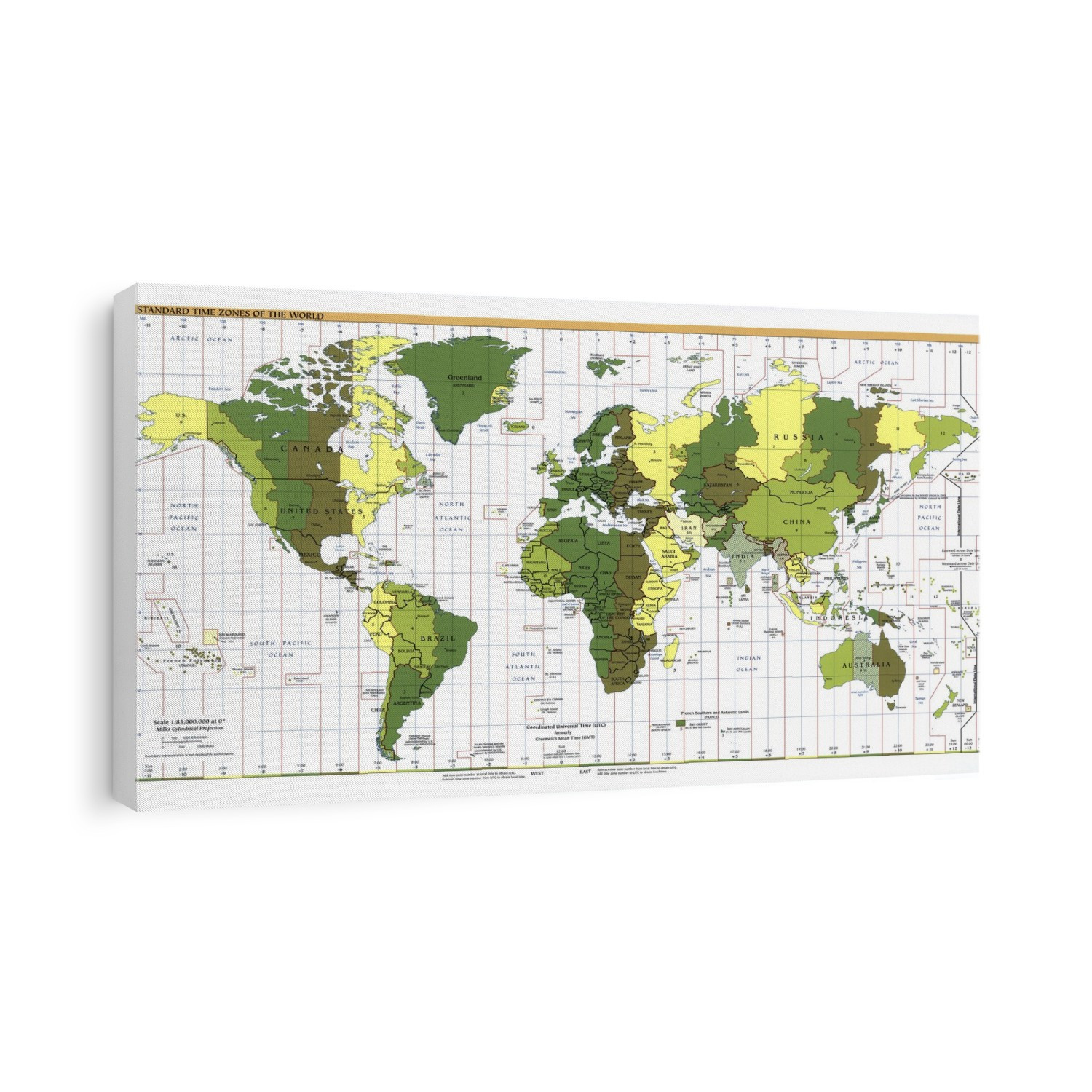 Time Zone map of the world. Map showing the Standard Time Zones of the world as of 2006. Countries, or areas of countries, are coloured according to zone. Each time zone is fifteen degrees of longitude apart. The zones are measured from Greenwich, England, which is at 0 degrees longitude. Each zone has a clock time one hour earlier than the zone immediately to its east. Some political and physical boundaries lead to irregularly-shaped zones. This map also shows country borders, capital cities (starred) and major cities.