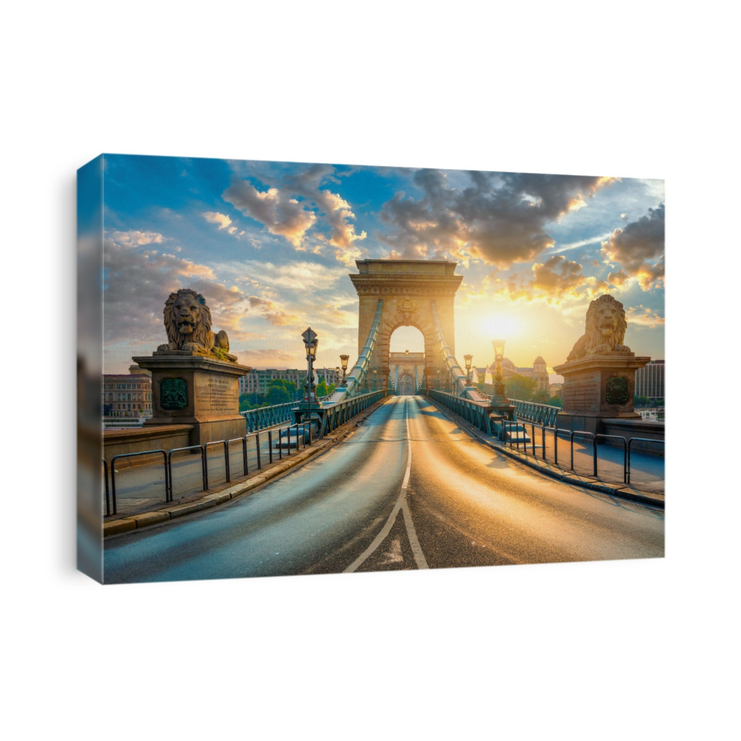 Statues of Lions on Chain Bridge in Budapest at sunrise, Hungary