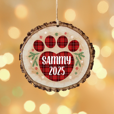 Plaid Paw Print Rustic Wood Round Ornament