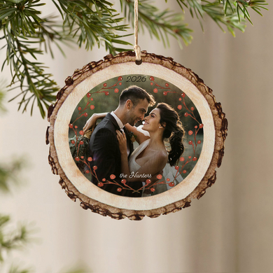 Holly Berries Photo Rustic Wood Ornament