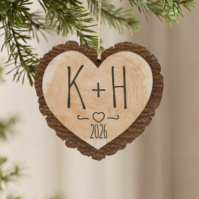 Carved Initials Rustic  Wood Heart Ornament