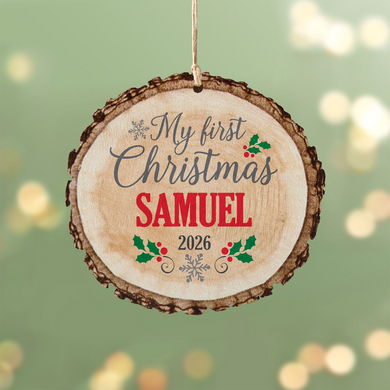 Baby's First Christmas Rustic Wood Round Ornament