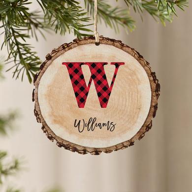 Buffalo Plaid Initial and Name Rustic Wood Round Ornament