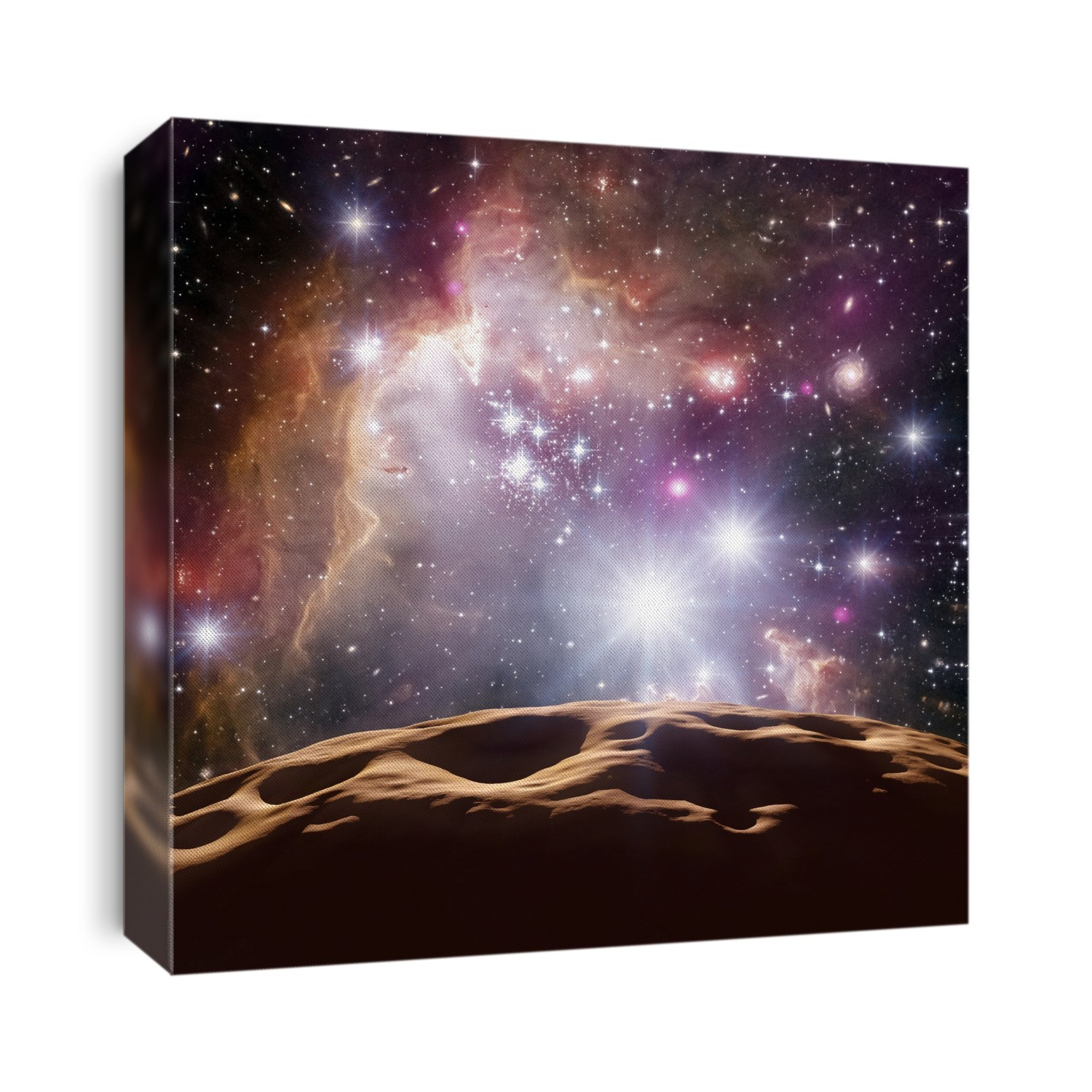 Asteroid and star cluster. Composite image combining a computer illustration of a view across the rocky surface of an asteroid, with a space observatory image showing X-ray emission from young solar-type stars in the background. These stars lie within the Wing of the Small Magellanic Cloud, a satellite galaxy of the Milky Way. The X-rays of these young stars trace how active their magnetic fields are, which provides a clue to their rotation rate and the motion of gas in their interiors. Imaged with X-ray data from the Chandra X-ray Observatory (purple), visible data from the Hubble Space Telescope (red, green, and blue), and infrared data from the Spitzer Space Telescope (red).